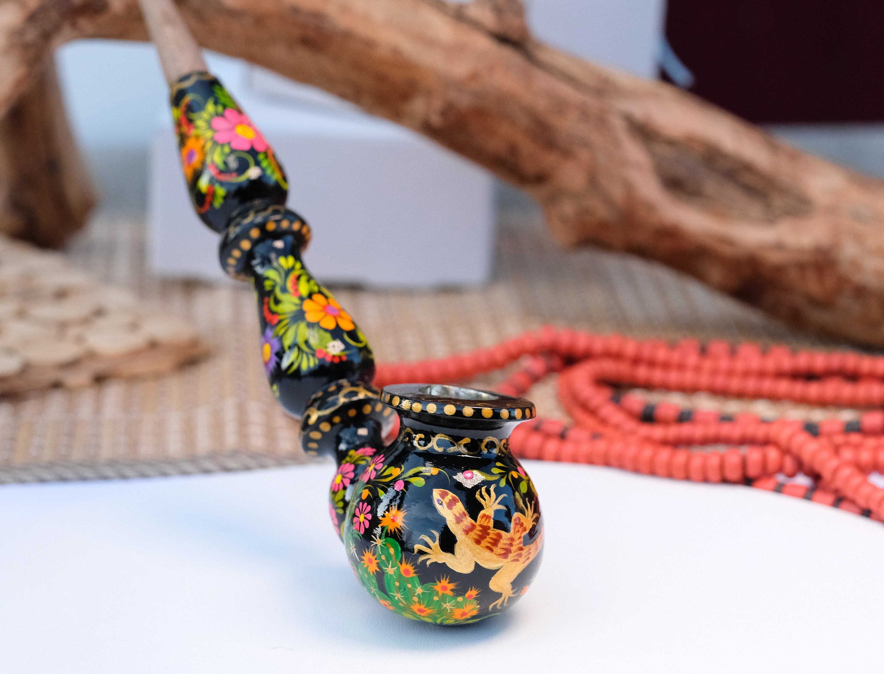Long Wooden Tobacco Smoking Pipe with Painted Salamander & Cactus Blossom - Ukrainian Folk Art Petrykivka