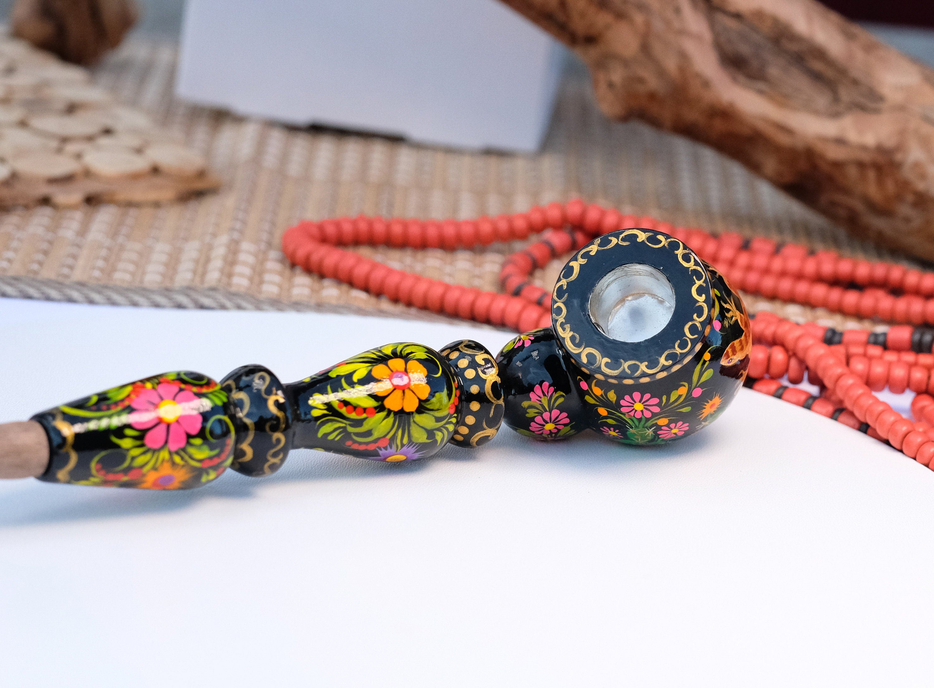 Long Wooden Tobacco Smoking Pipe with Painted Salamander & Cactus Blossom - Ukrainian Folk Art Petrykivka