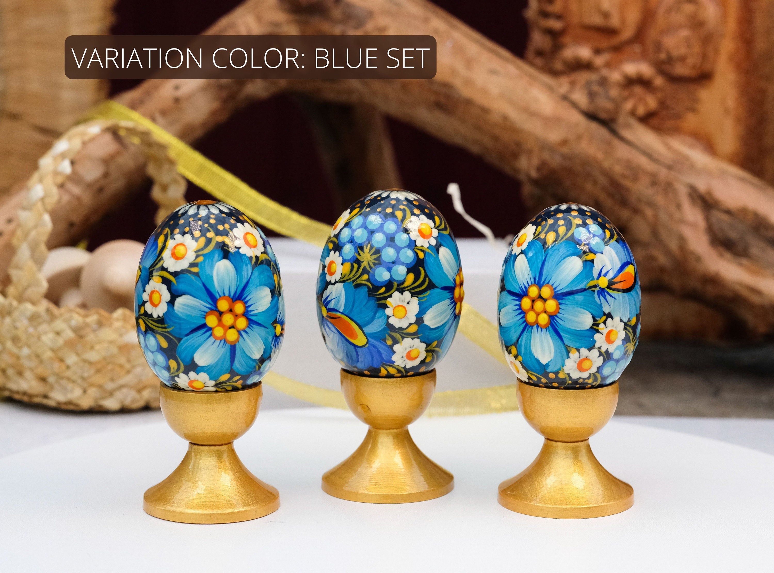 Set of 3 Ukrainian Pysanky Eggs Painted with Blue Flowers