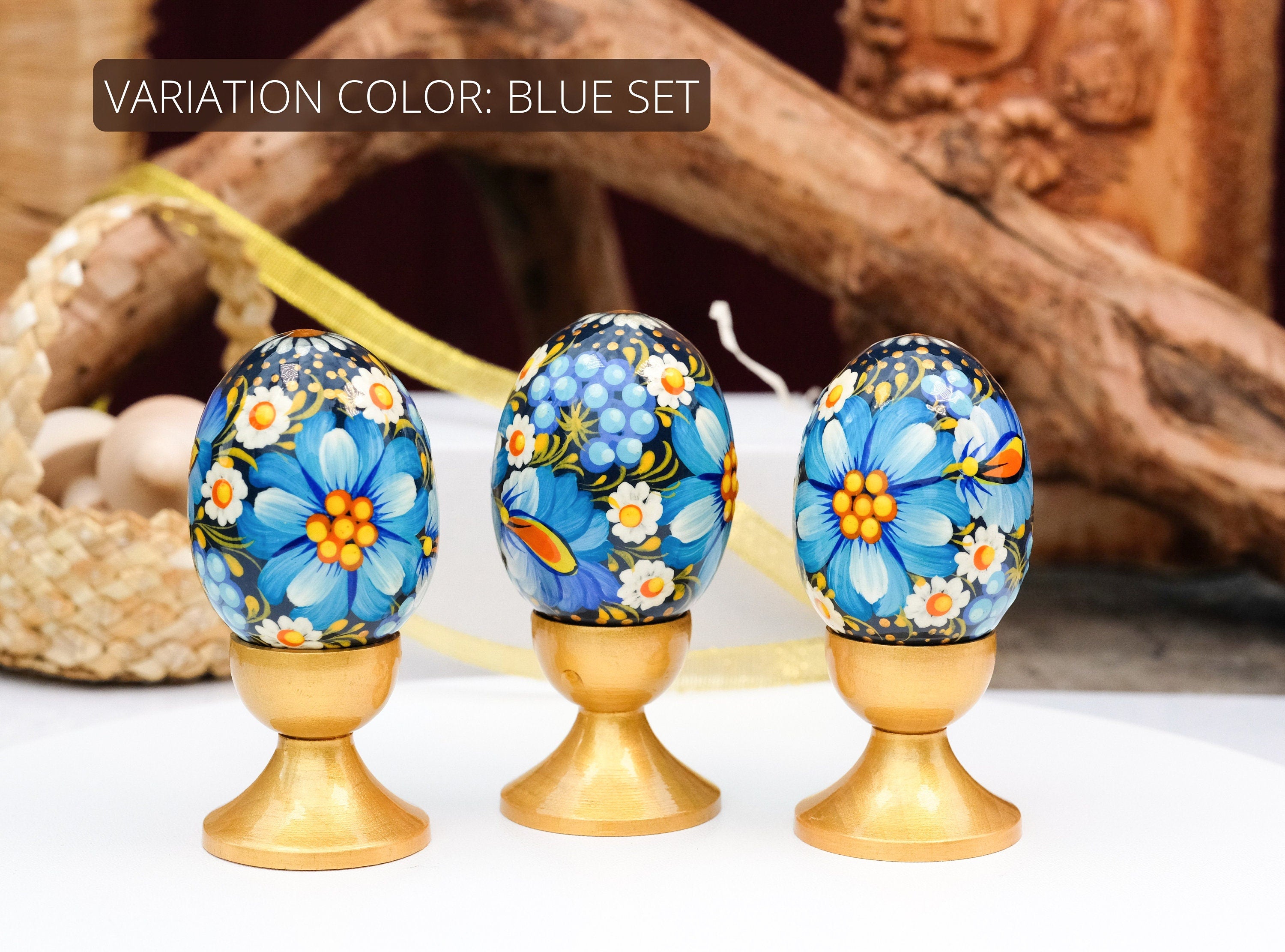 Set of 3 Wooden Green Flower Easter Eggs Hand-painted with Ukrainian Folk Art