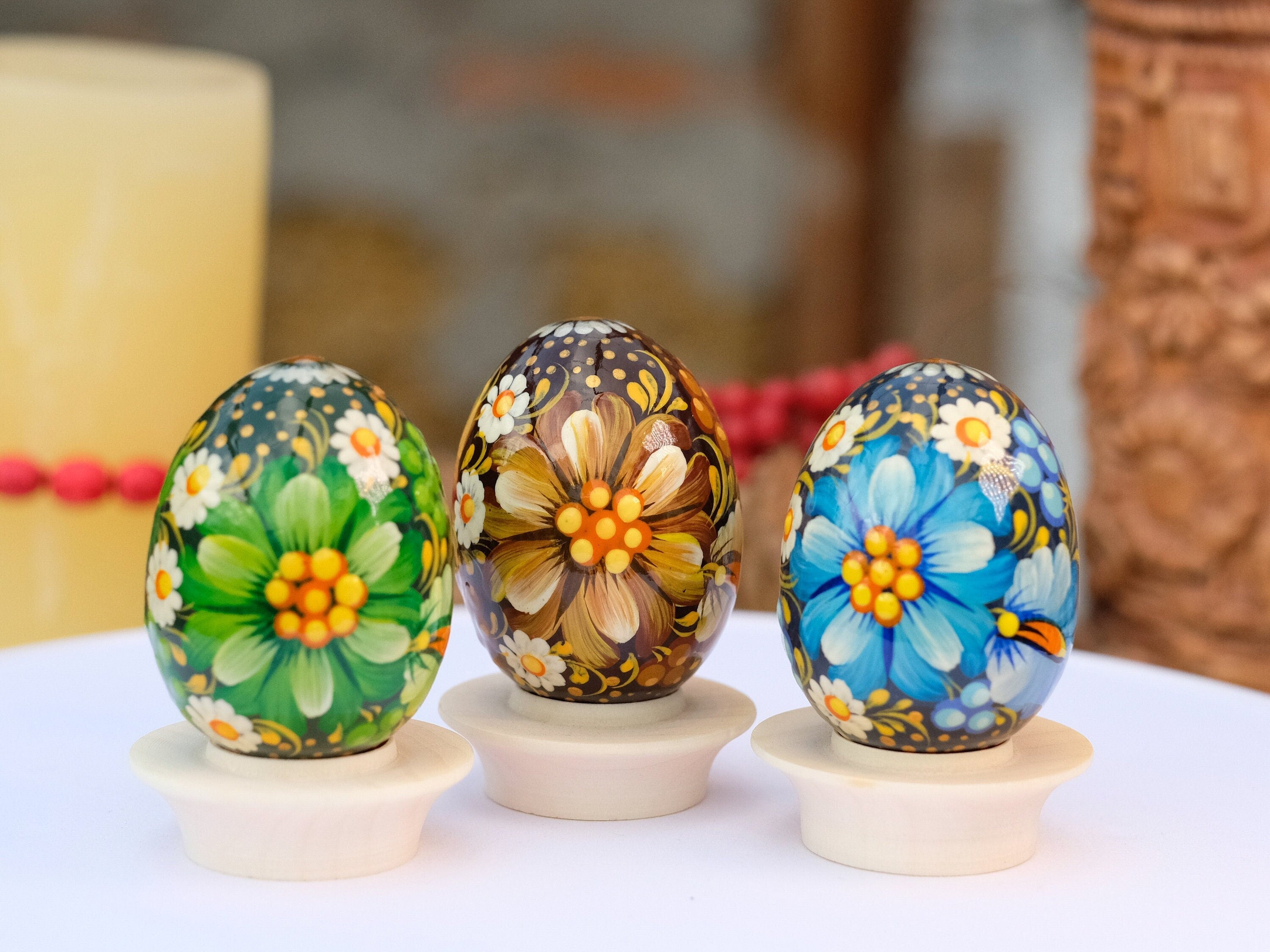 Ukrainian Easter Eggs Set 3 pcs - Hand-painted & Carved from Wood