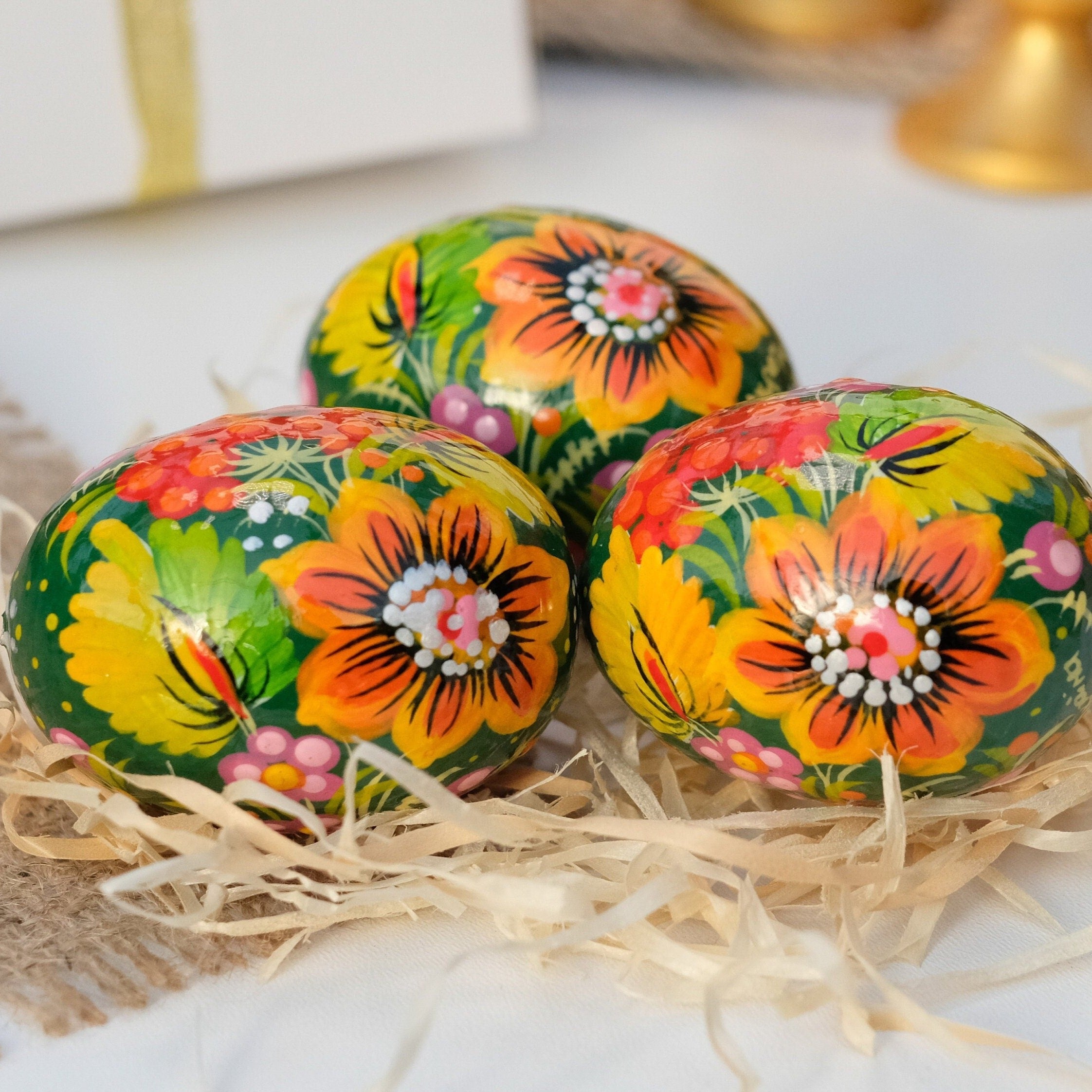 Ukrainian Easter eggs - Hand-painted Sunflower Easter eggs, Unique wooden egg ornaments, Ukrainian Pysanky eggs, Easter basket stuffers