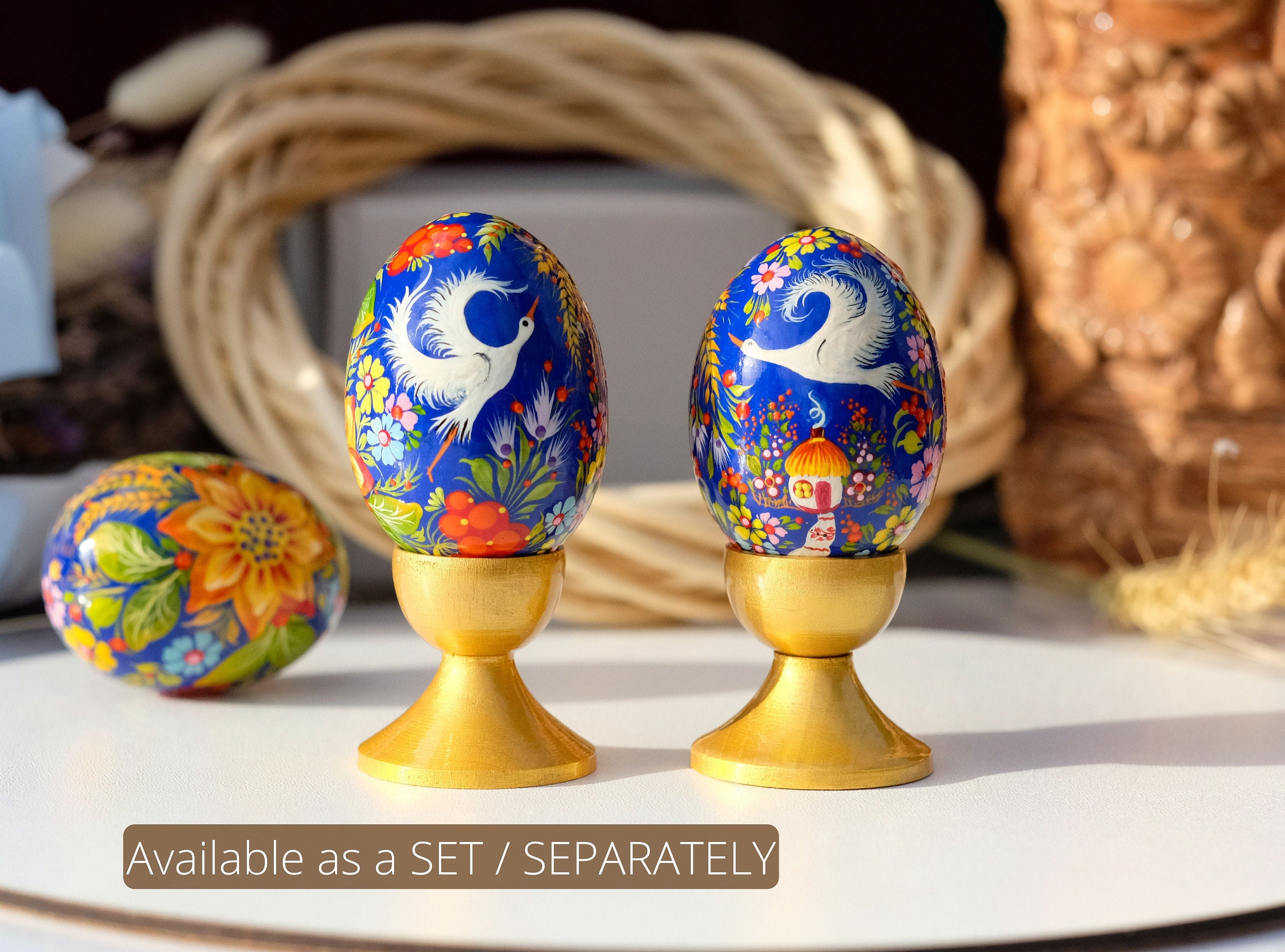 Ukrainian Wooden Easter Egg with Painted Cranes and Rustic House