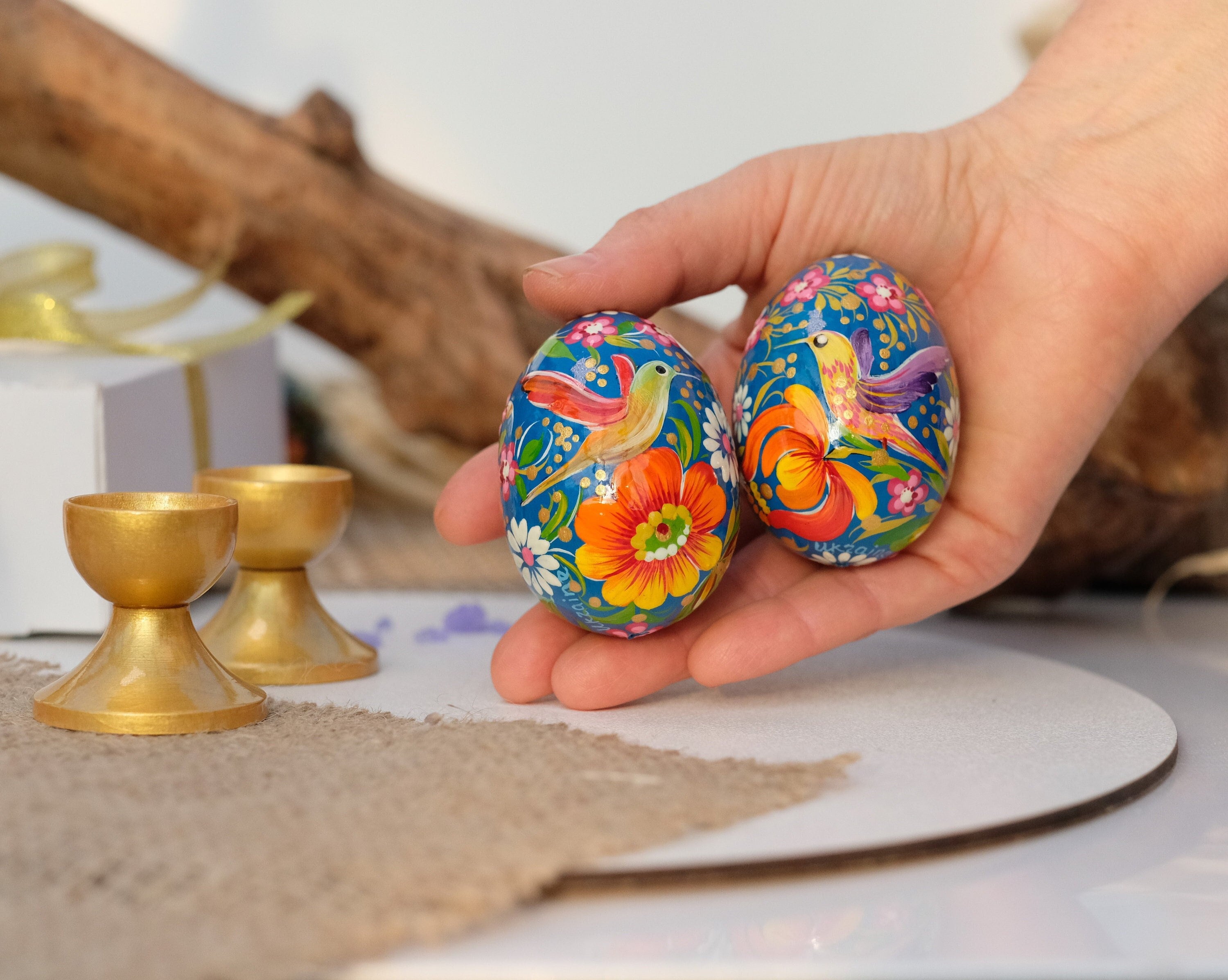 Painted Wooden Hummingbird Easter Egg with Petrykivka Art