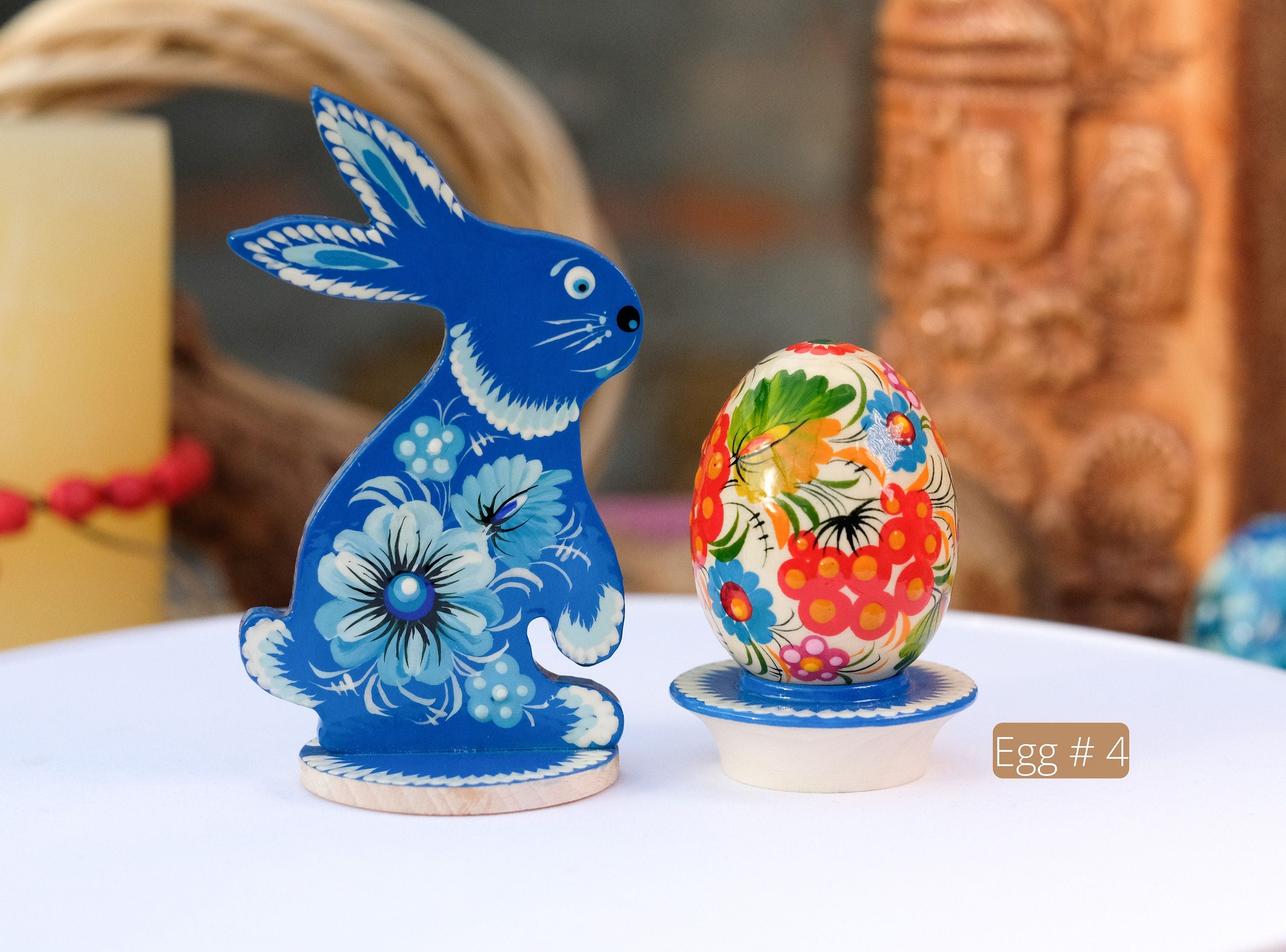 Personalized Easter bunny, Wooden Easter bunny silhouette with traditional Ukrainian Petrykivka art, Painted Ukrainian Blue flower Rabbit