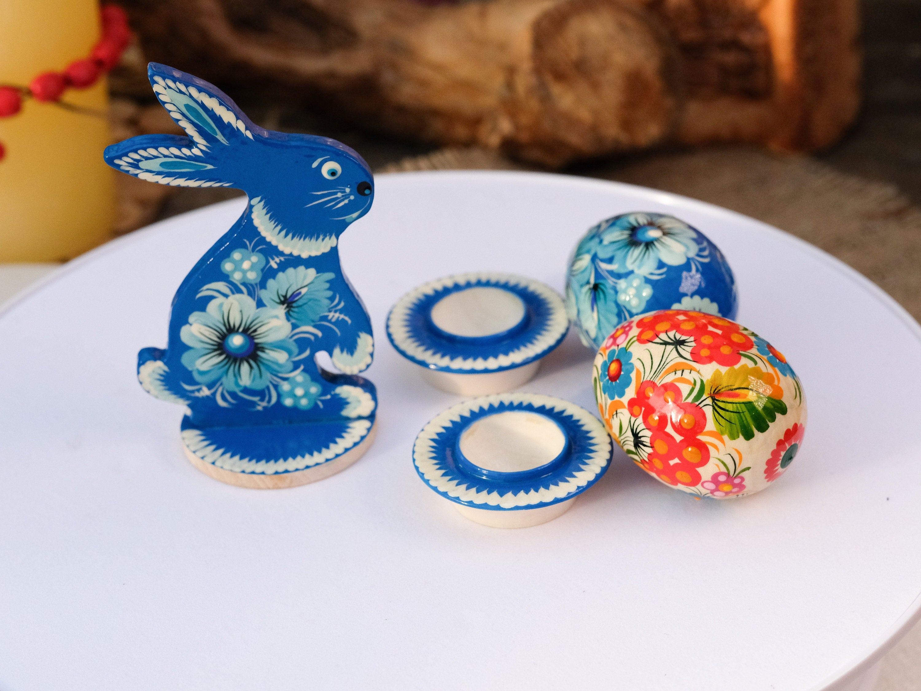 Personalized Easter bunny, Wooden Easter bunny silhouette with traditional Ukrainian Petrykivka art, Painted Ukrainian Blue flower Rabbit