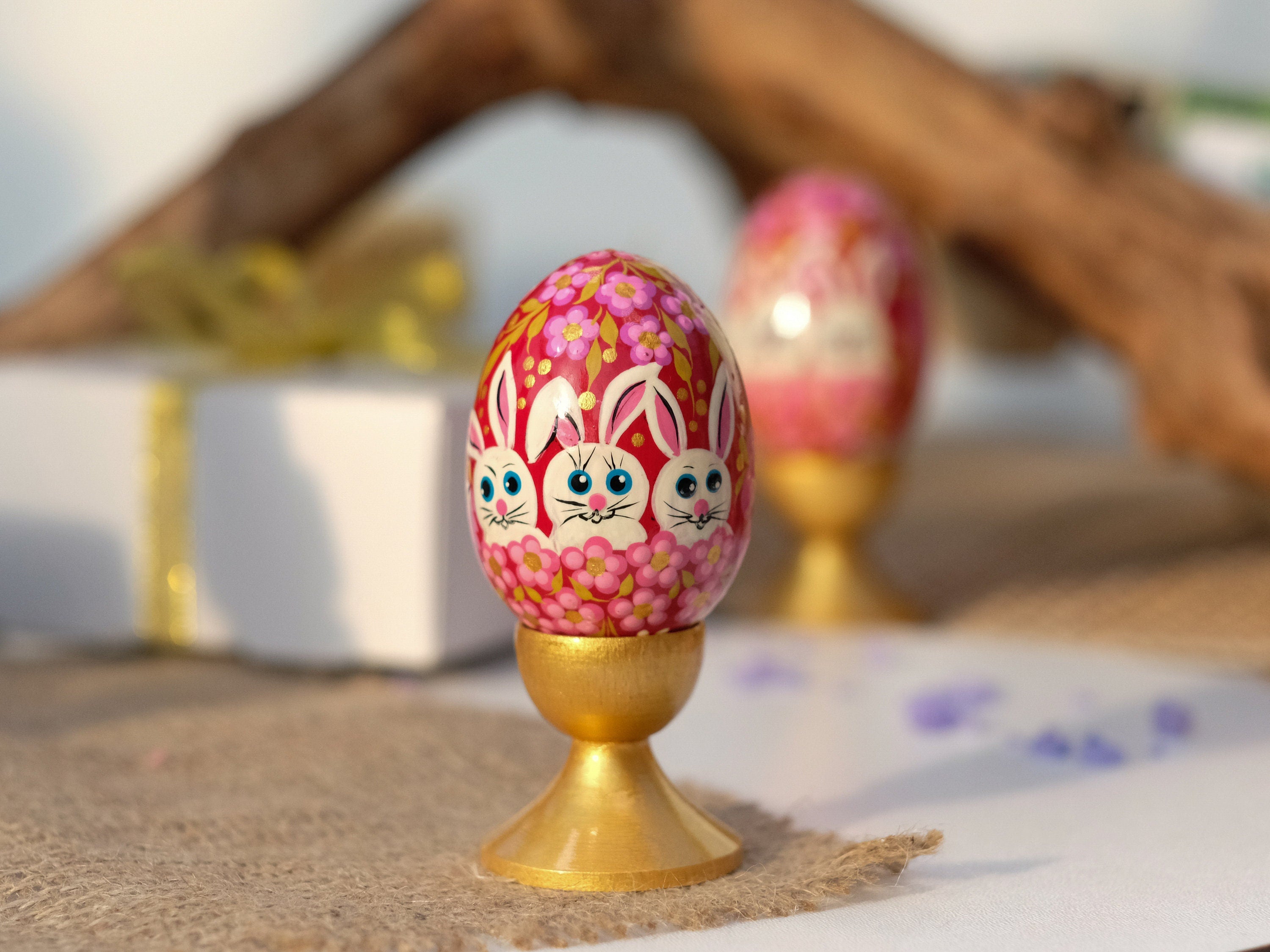 Hand-painted Wooden Easter Bunny Decorative Egg Ornament