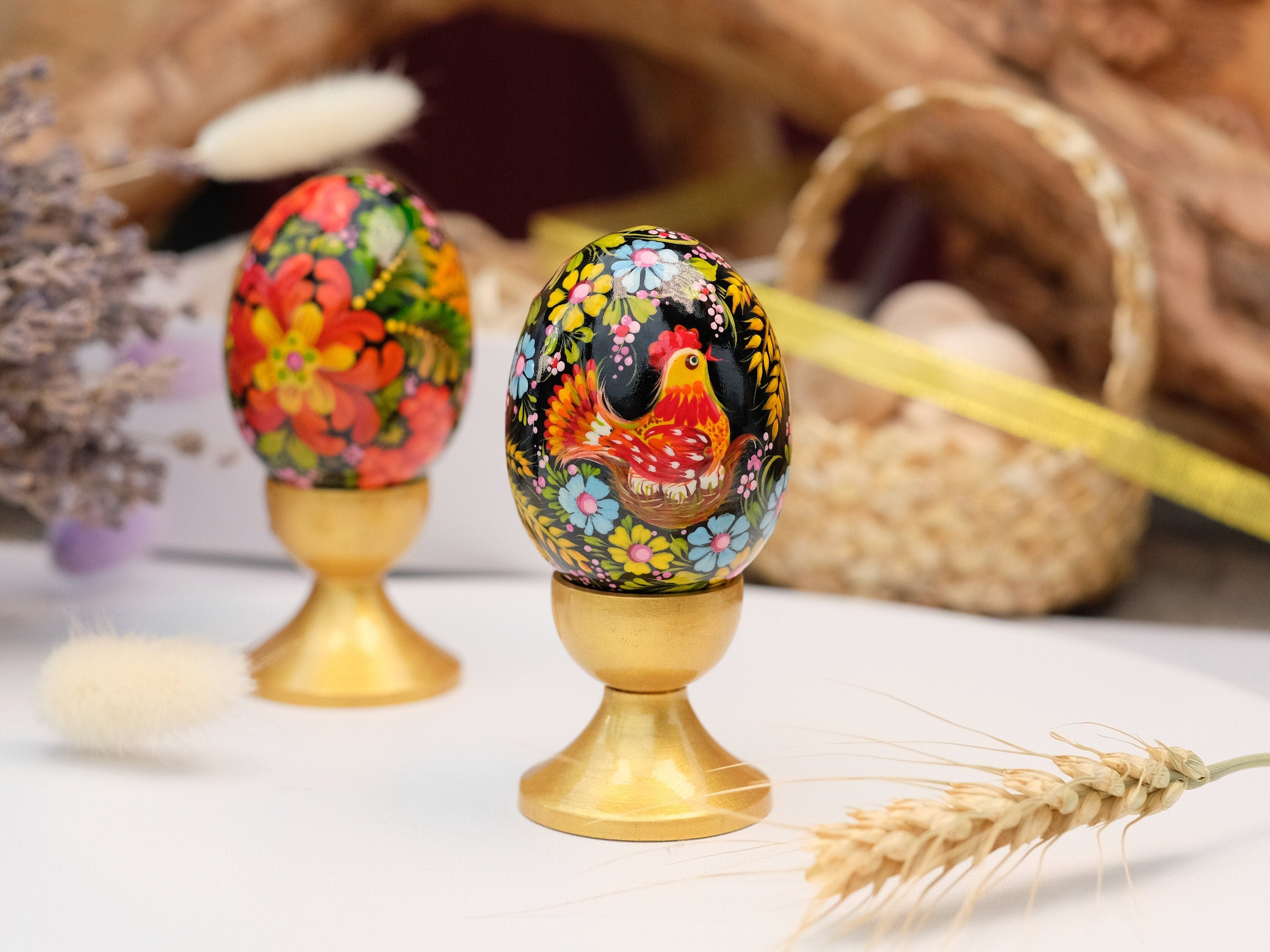 Chicken on Nest Easter Egg- Painted Wooden Ukrainian Pysanky Egg