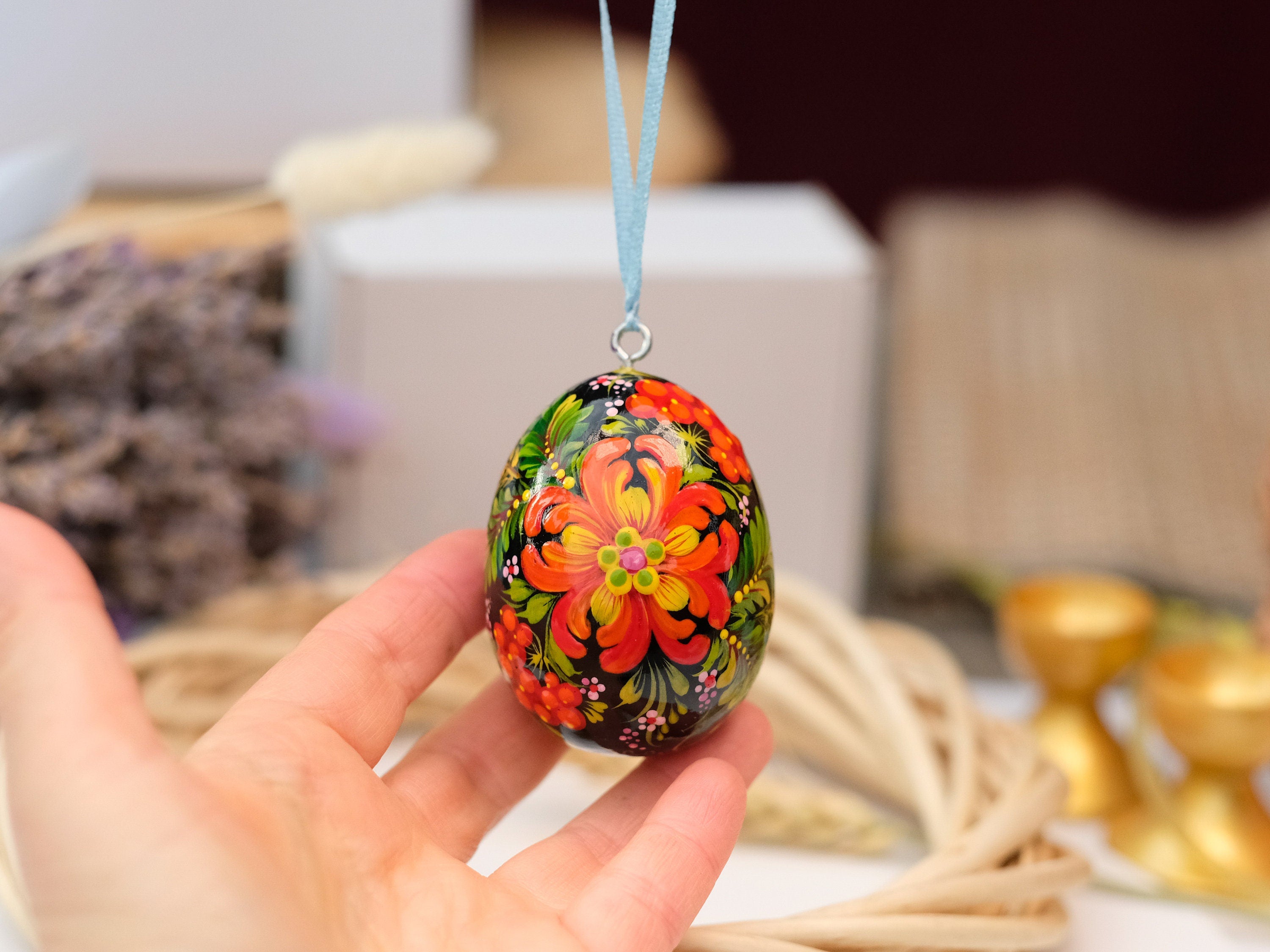 Painted Wooden Chicken on Nest Easter Egg Ornament with Ribbon