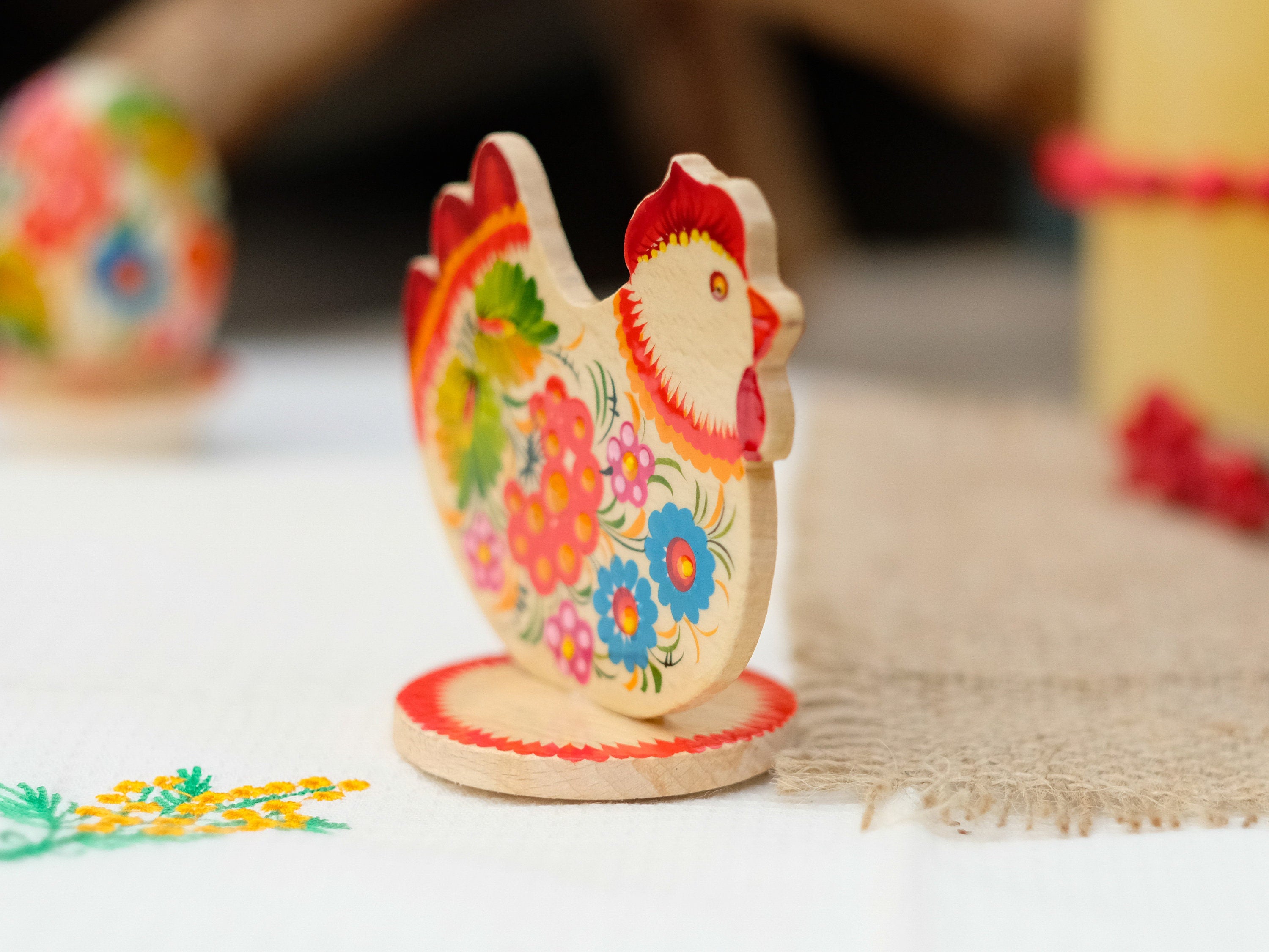 Wooden Easter Chicken Figurine on Stand with Traditional Petrykivka Art