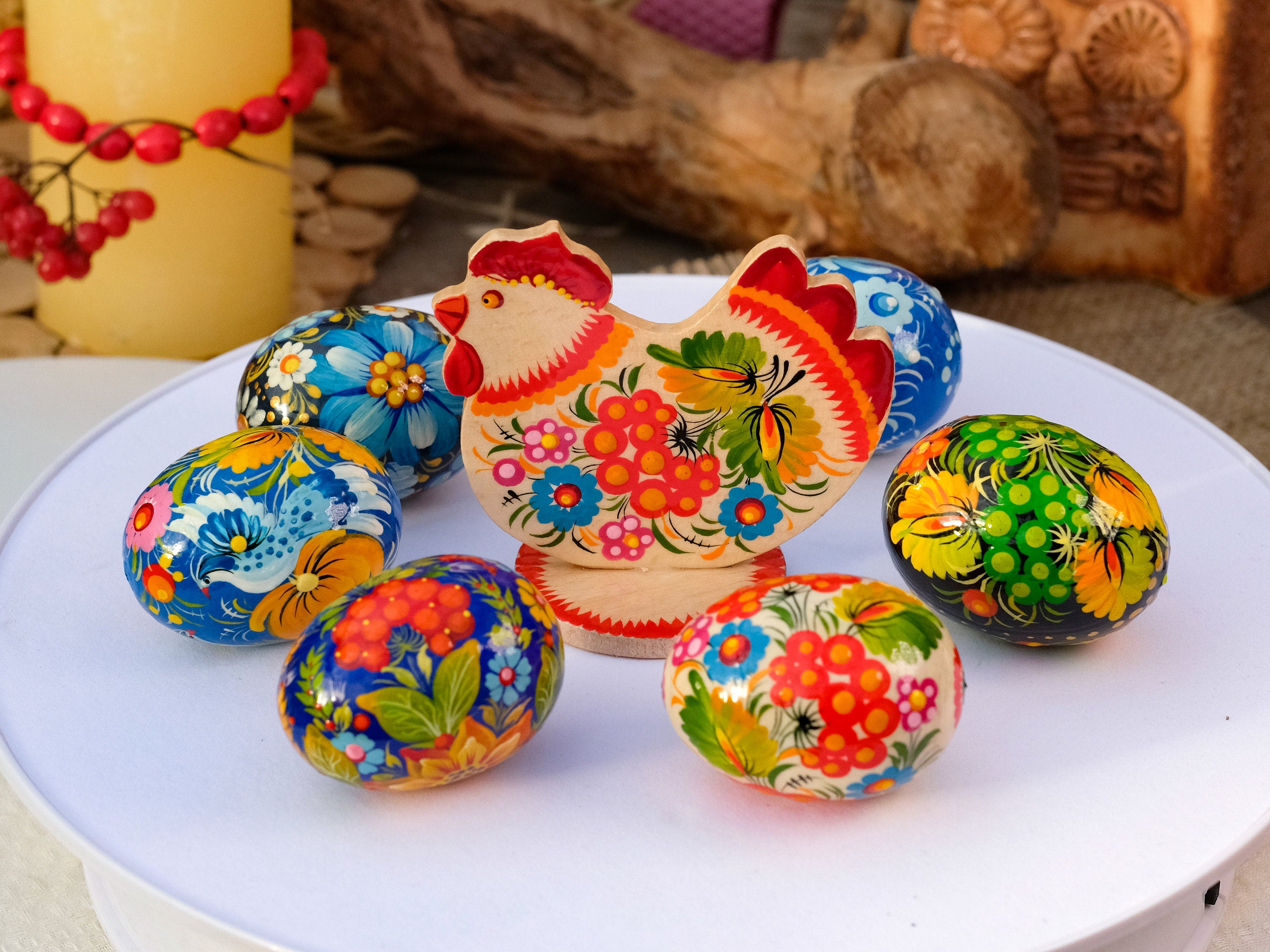 Wooden Easter Chicken Figurine on Stand with Traditional Petrykivka Art