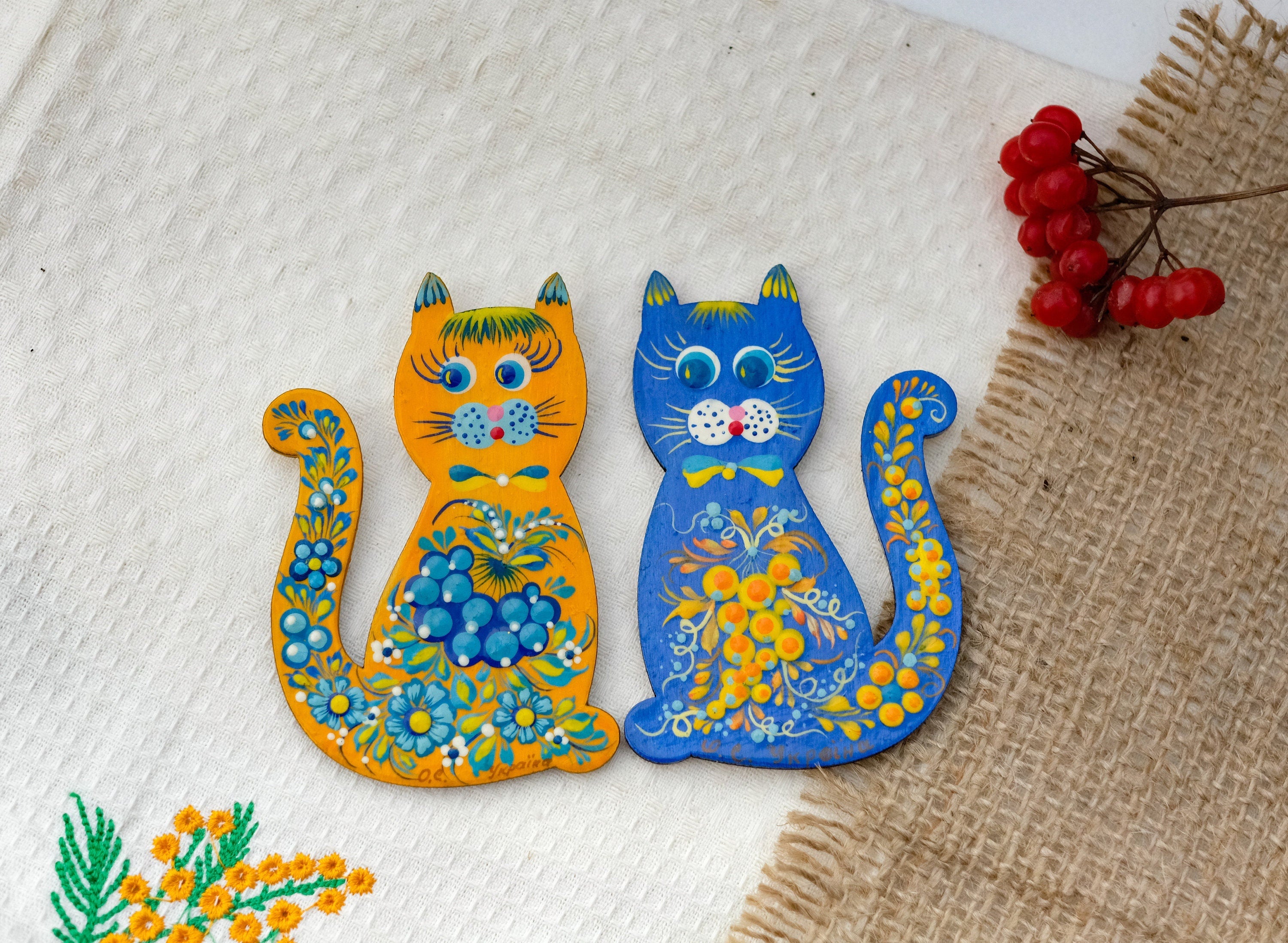 Painted Wooden Ukrainian Cat Fridge Magnet - Cute Animal Figure Locker Magnet