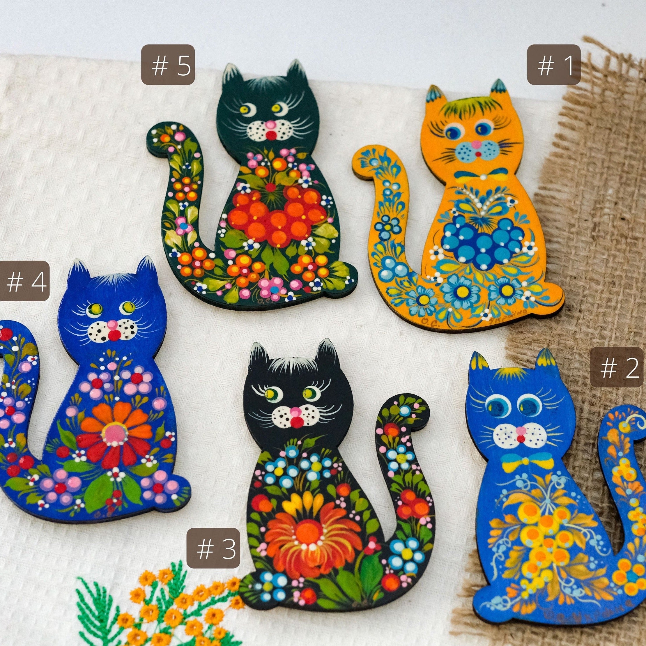 Ukrainian Cat fridge magnet, Painted animal figure magnets, Ukrainian art wooden magnets, Hand-painted wooden magnets, Set of locker magnets