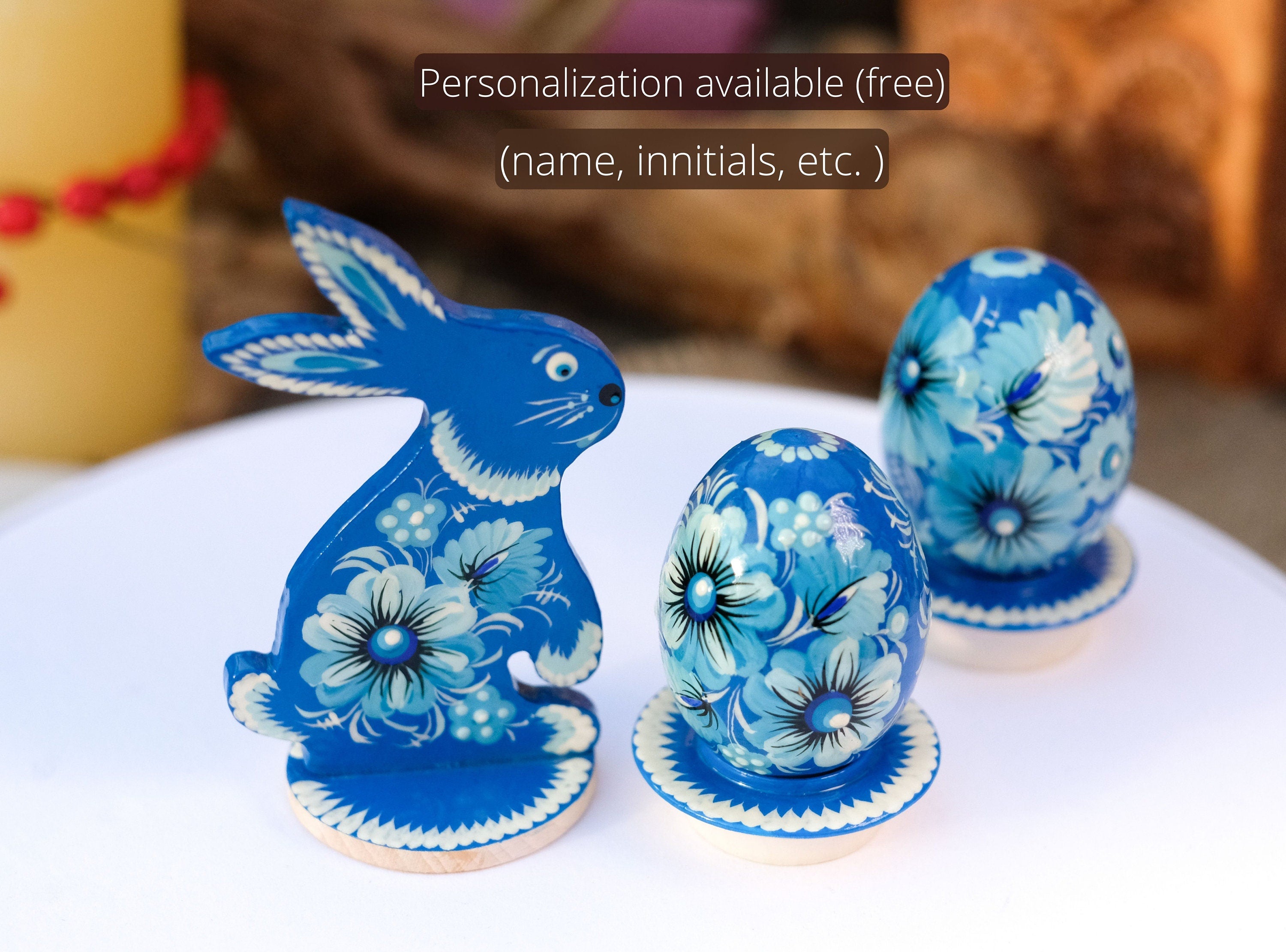 Personalized Easter bunny, Wooden Easter bunny silhouette with traditional Ukrainian Petrykivka art, Painted Ukrainian Blue flower Rabbit