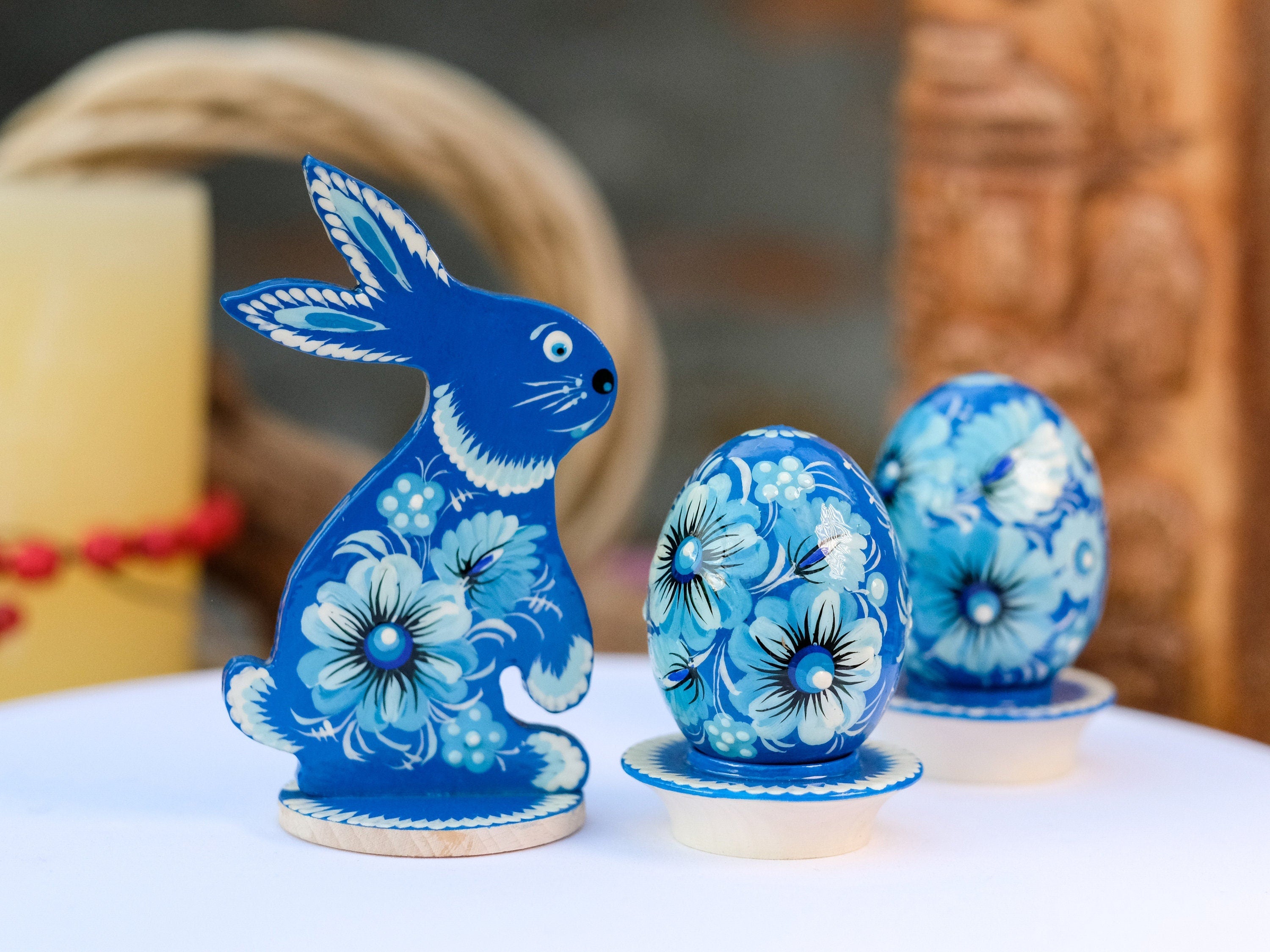 Personalized Easter bunny, Wooden Easter bunny silhouette with traditional Ukrainian Petrykivka art, Painted Ukrainian Blue flower Rabbit