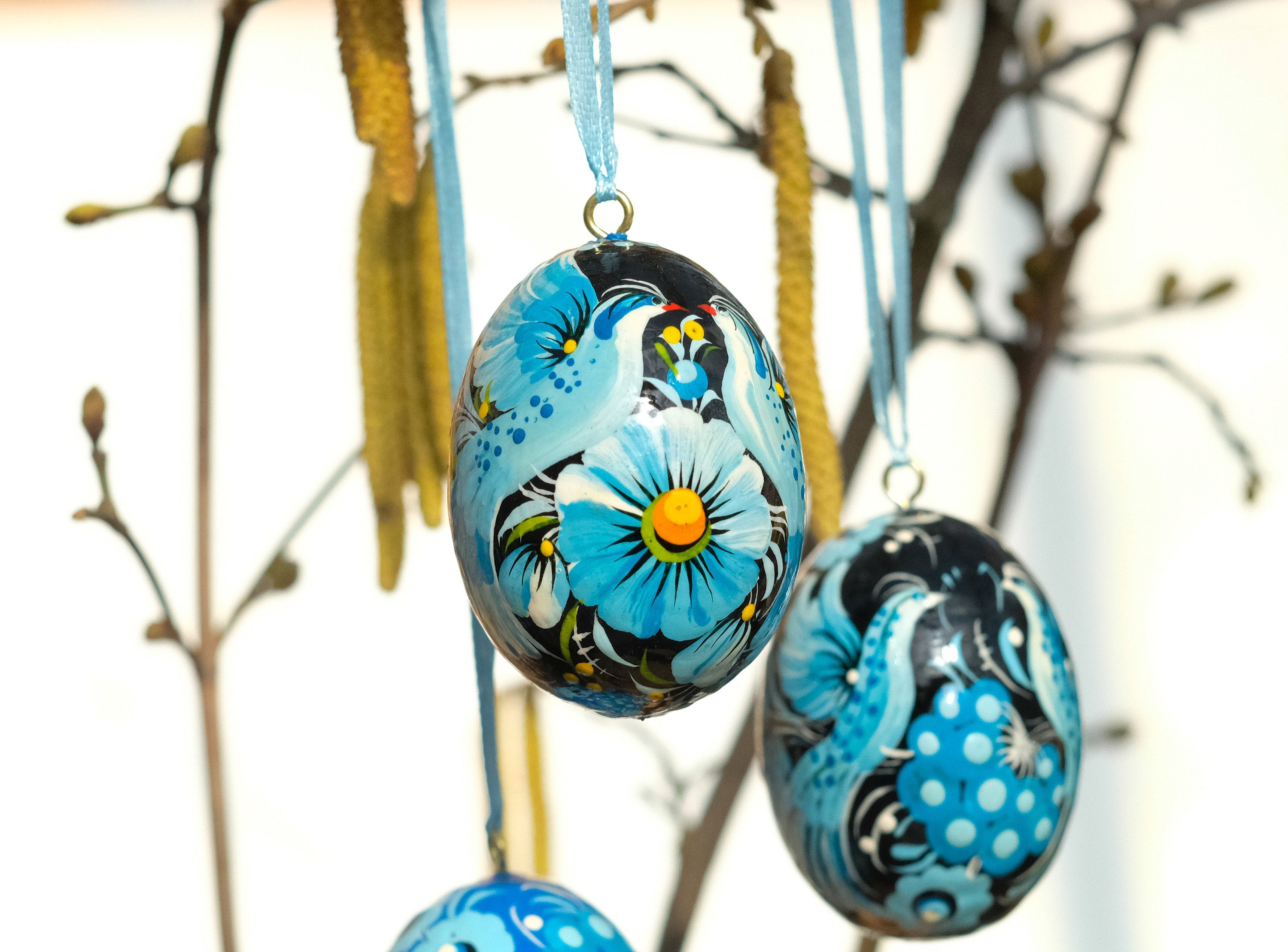 Set of 3 Ukrainian Easter Eggs with Ribbons - Hand-painted & Carved from Wood