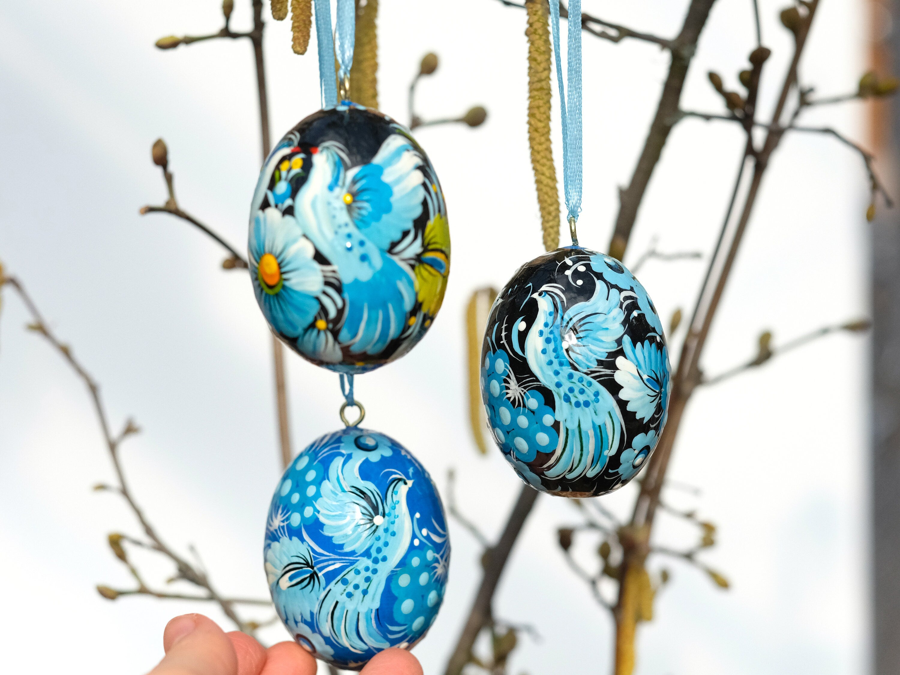 Set of 3 Ukrainian Easter Eggs with Ribbons - Hand-painted & Carved from Wood