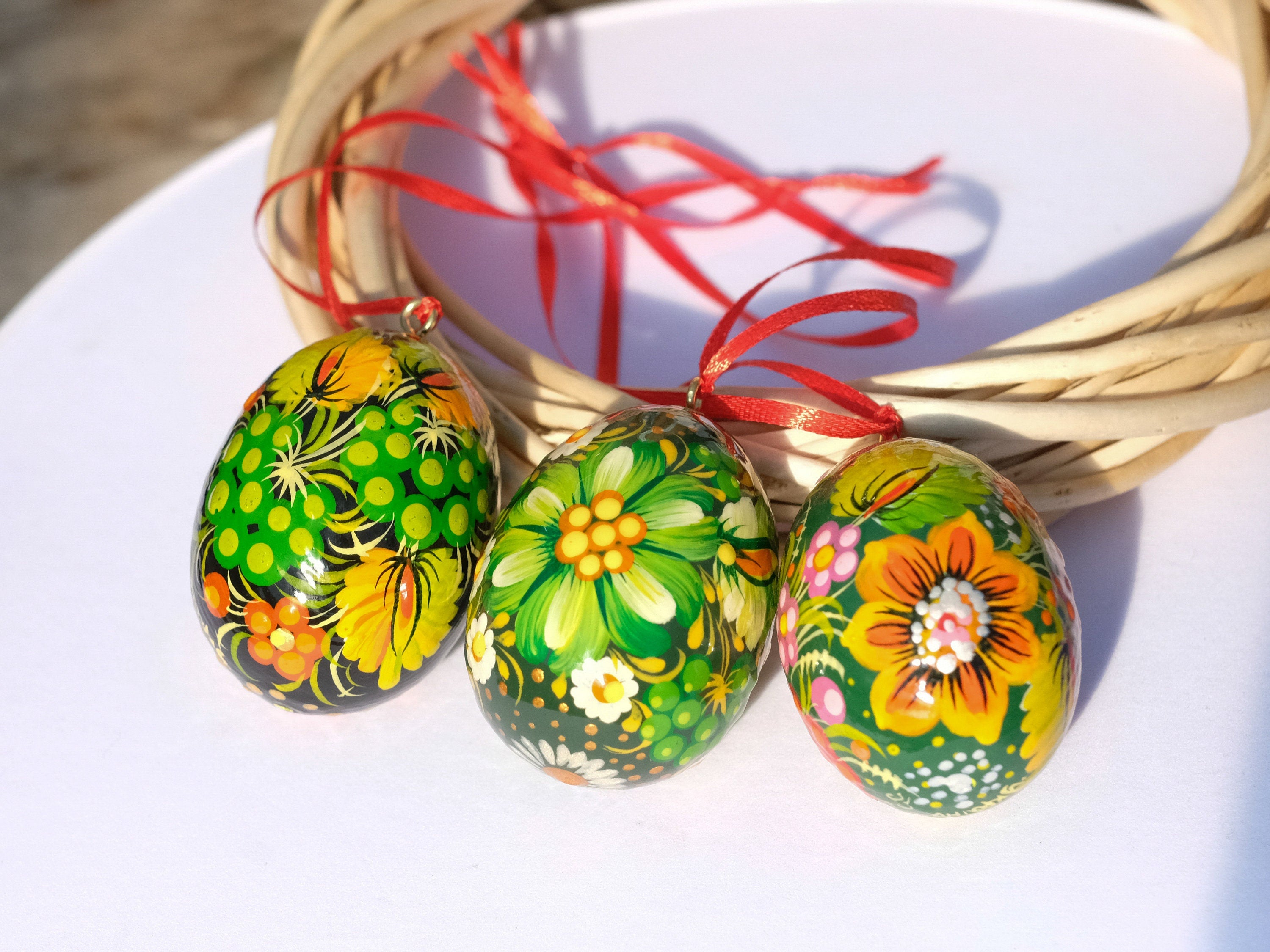 Ukrainian Easter Eggs Set 3pcs with Ribbons - Hand-painted & Carved from Wood