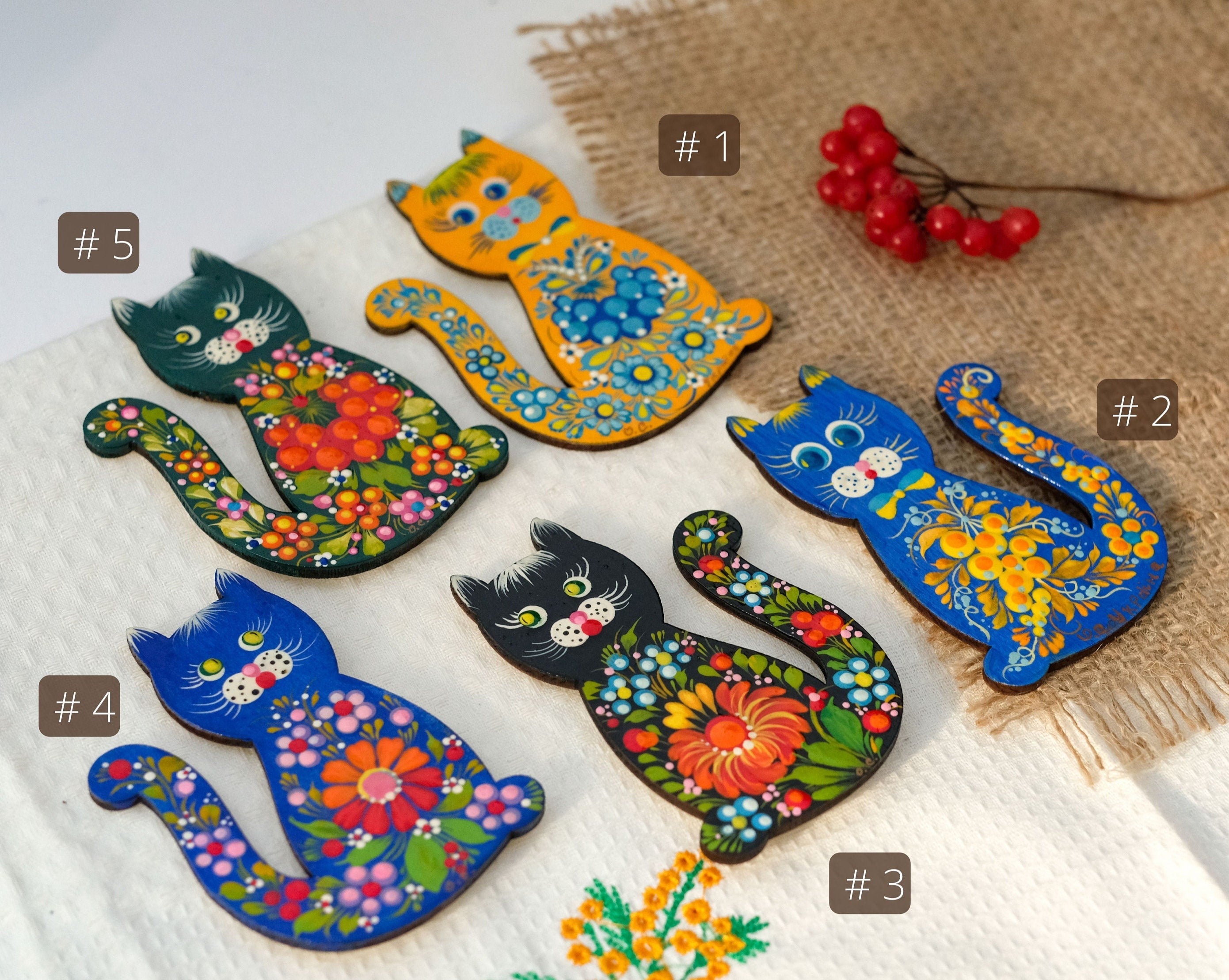 Ukrainian Cat fridge magnet, Painted animal figure magnets, Ukrainian art wooden magnets, Hand-painted wooden magnets, Set of locker magnets