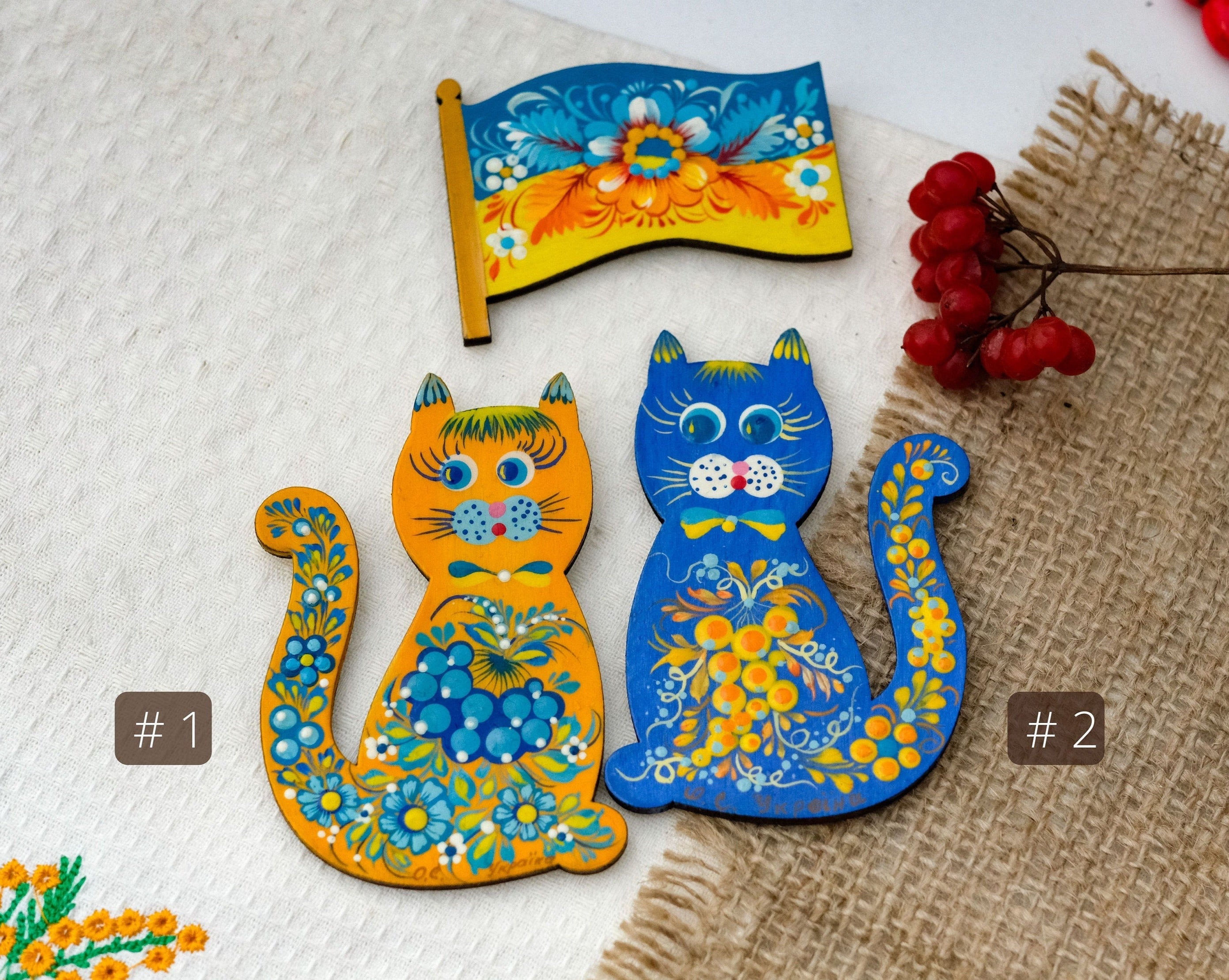 Ukrainian Cat fridge magnet, Painted animal figure magnets, Ukrainian art wooden magnets, Hand-painted wooden magnets, Set of locker magnets