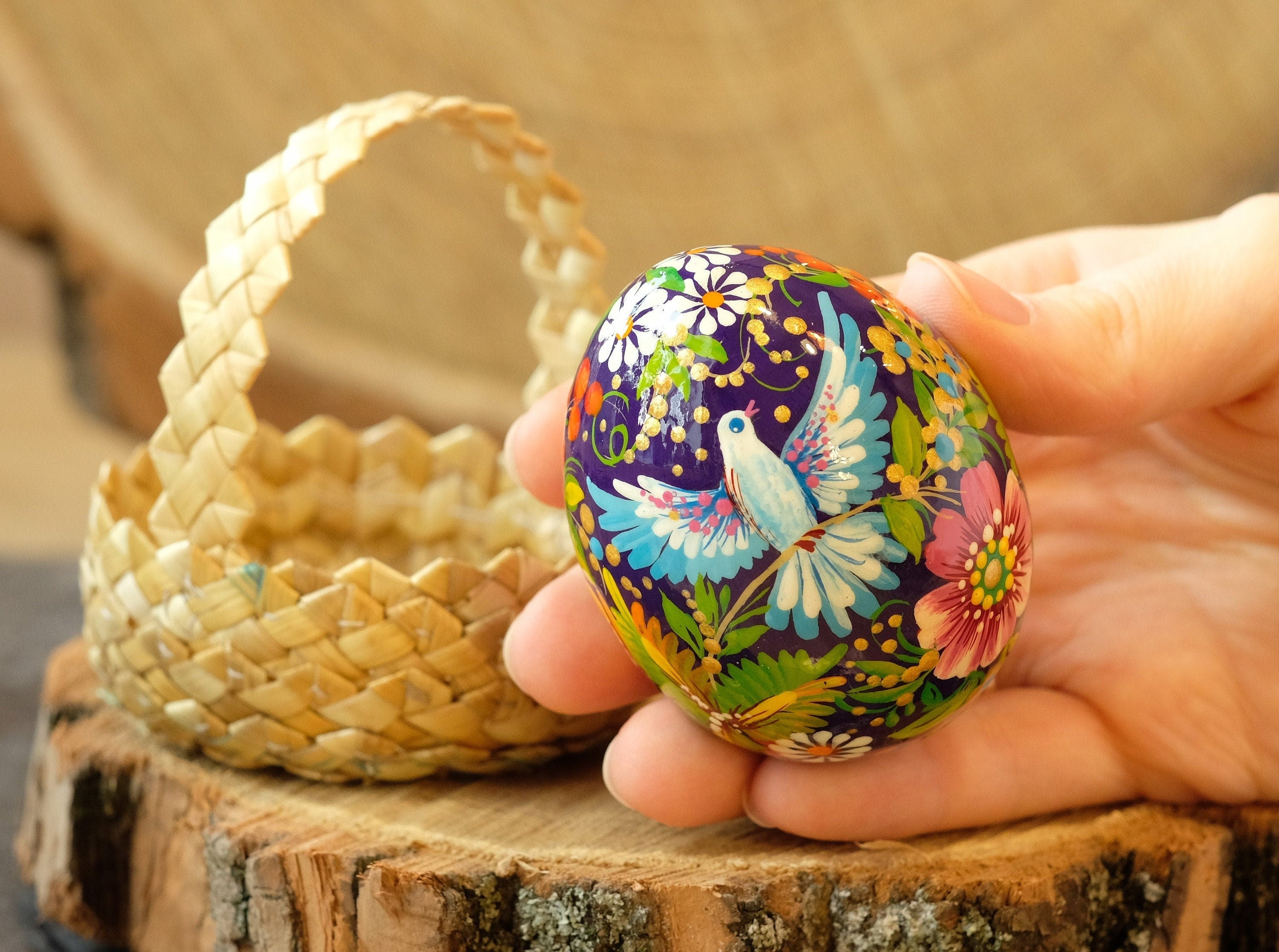 Painted Dove Ukrainian Pysanky Egg Ornament Carved from Wood
