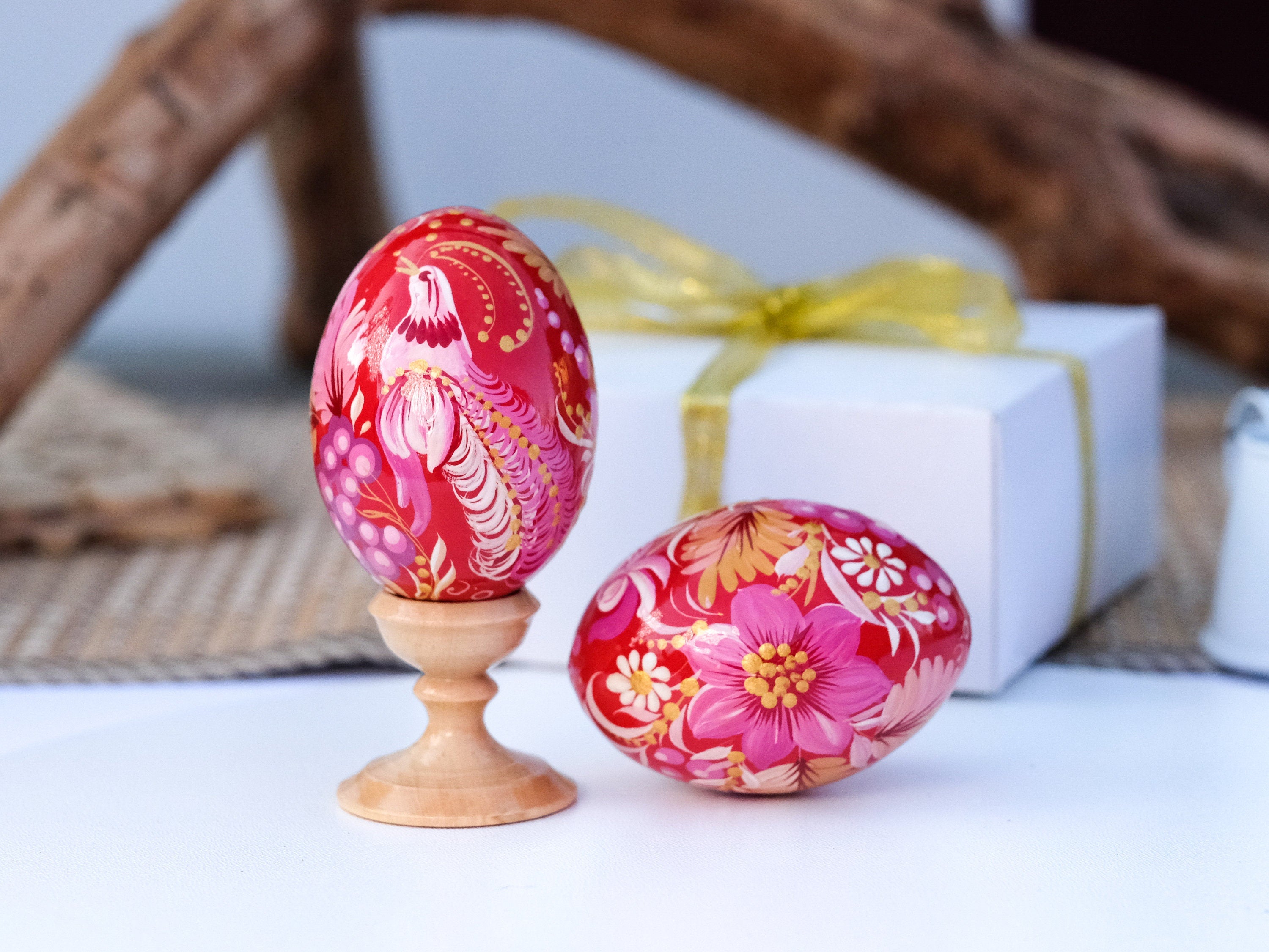 Wooden Fairy Bird Easter Egg Hand-painted with Petrykivka Painting