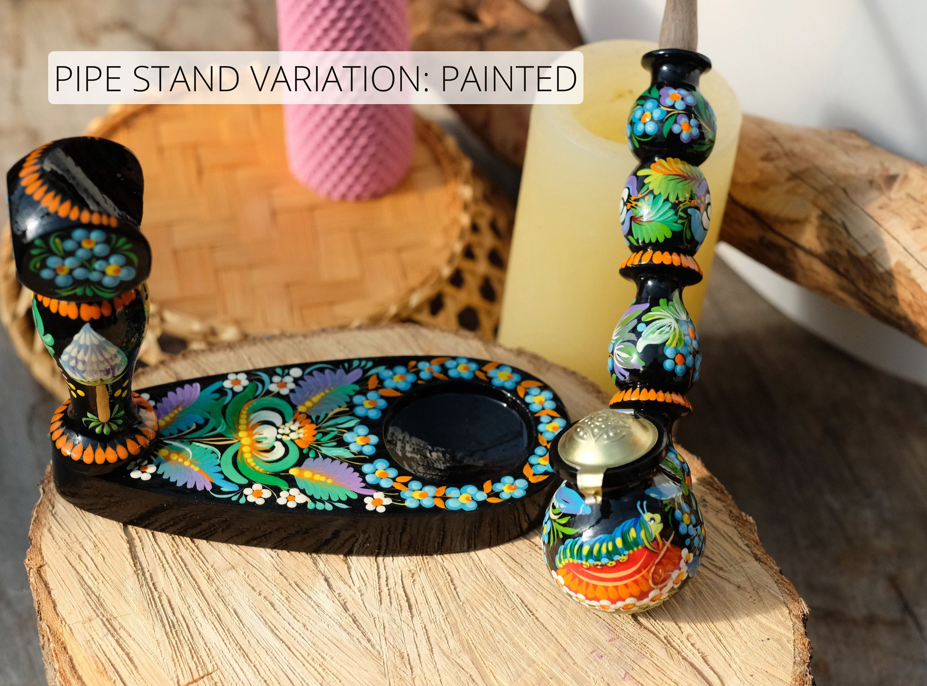 Painted Wooden Smoking Caterpillar Pipe with Lid - Ukrainian Folk Art Petrykivka Tobacco Pipe