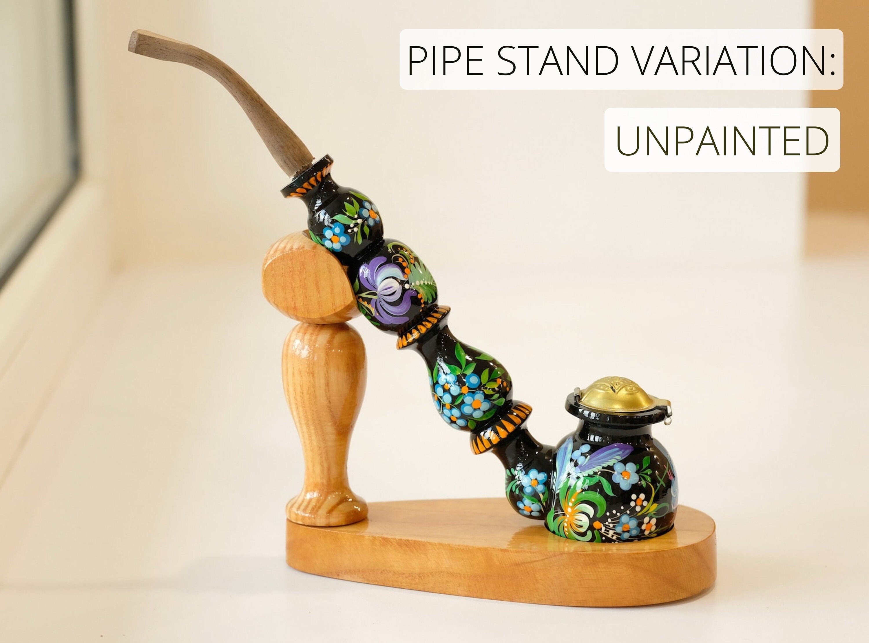 Painted Wooden Smoking Caterpillar Pipe with Lid - Ukrainian Folk Art Petrykivka Tobacco Pipe