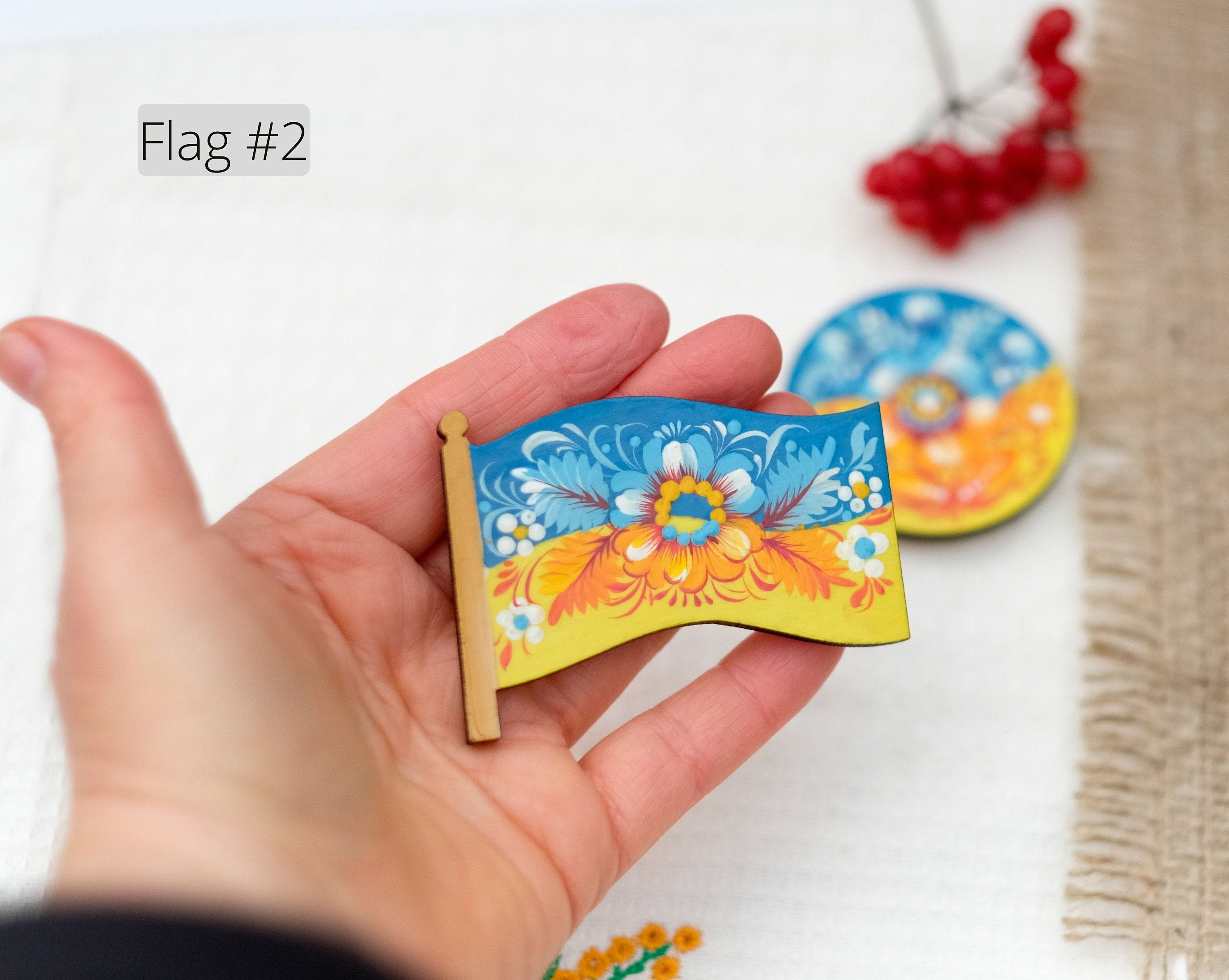 Ukraine magnet painted in Ukraine flag colors - Wooden yellow and blue flower fringe magnet, Ukraine folk art Petrykivka magnet