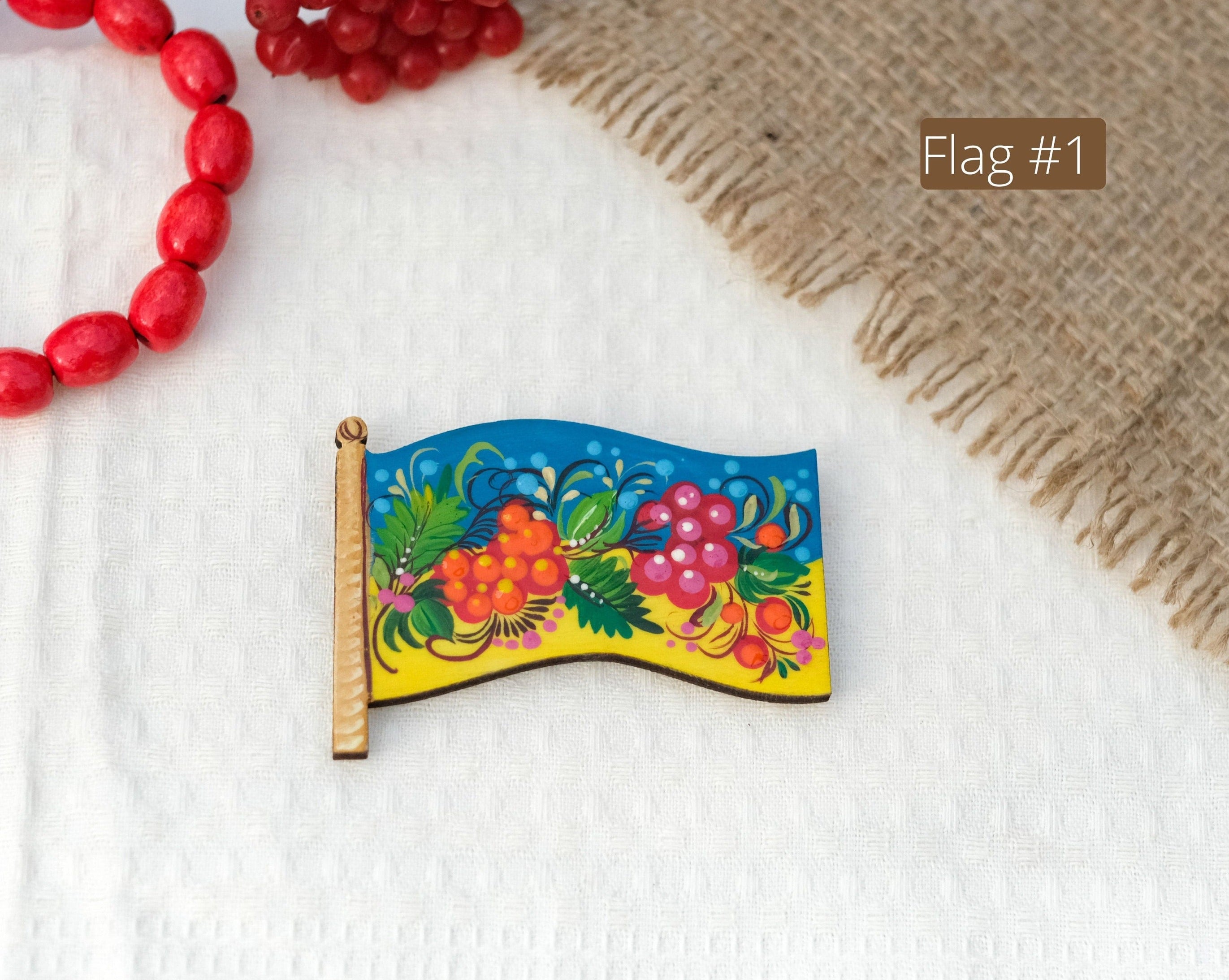 Ukraine magnet painted in Ukraine flag colors - Wooden yellow and blue flower fringe magnet, Ukraine folk art Petrykivka magnet