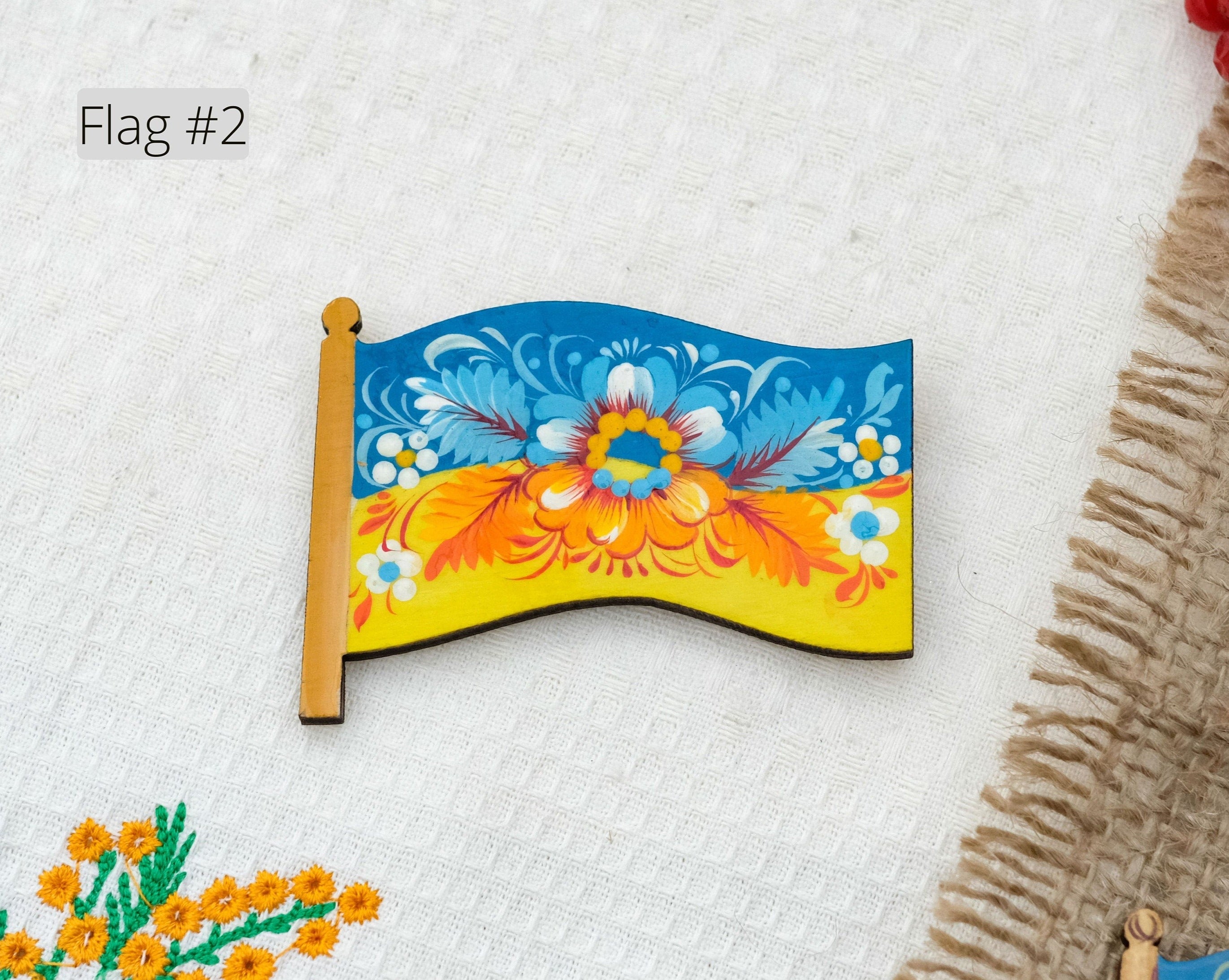 Ukraine magnet painted in Ukraine flag colors - Wooden yellow and blue flower fringe magnet, Ukraine folk art Petrykivka magnet