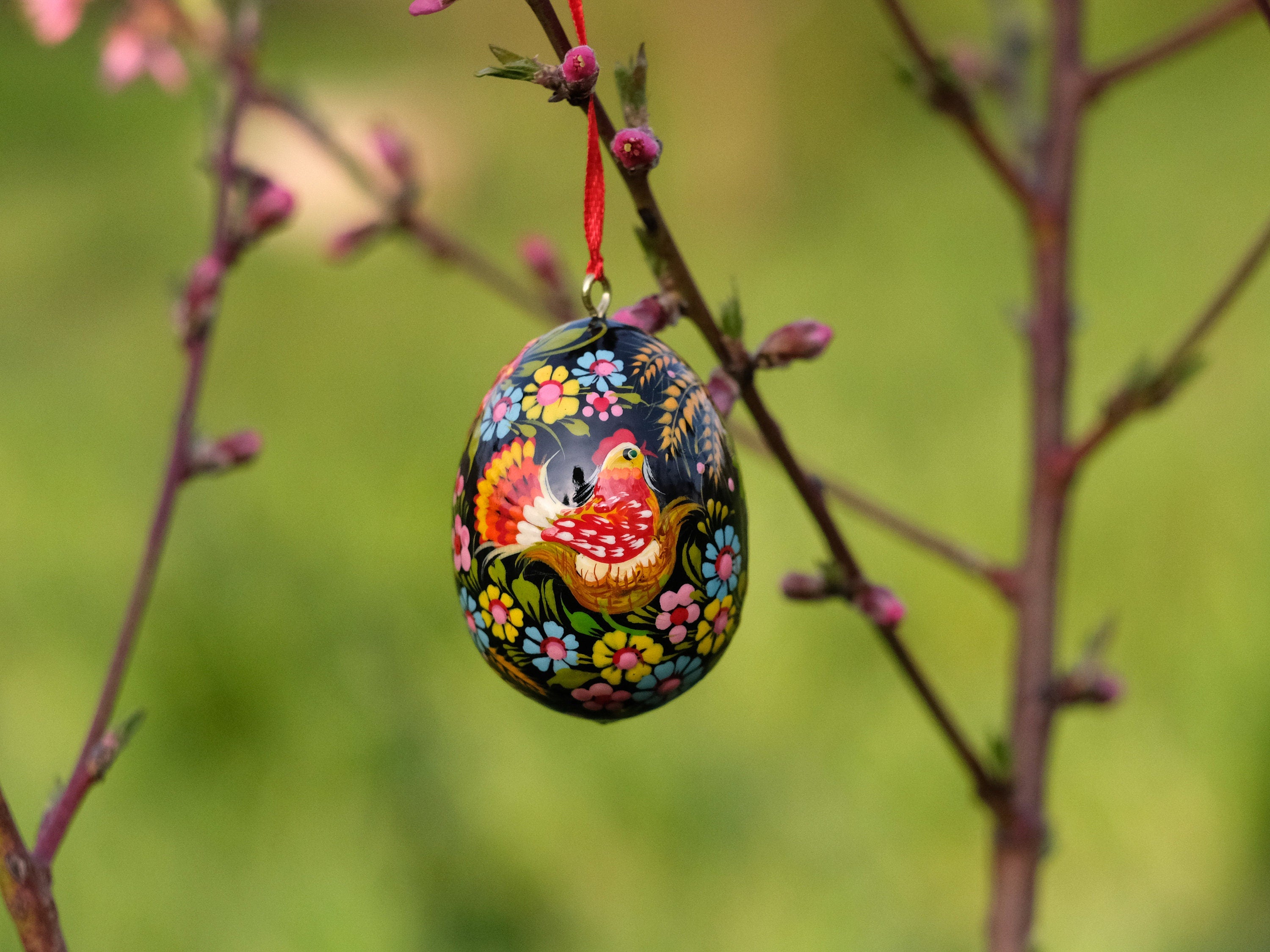 Painted Wooden Chicken on Nest Easter Egg Ornament with Ribbon