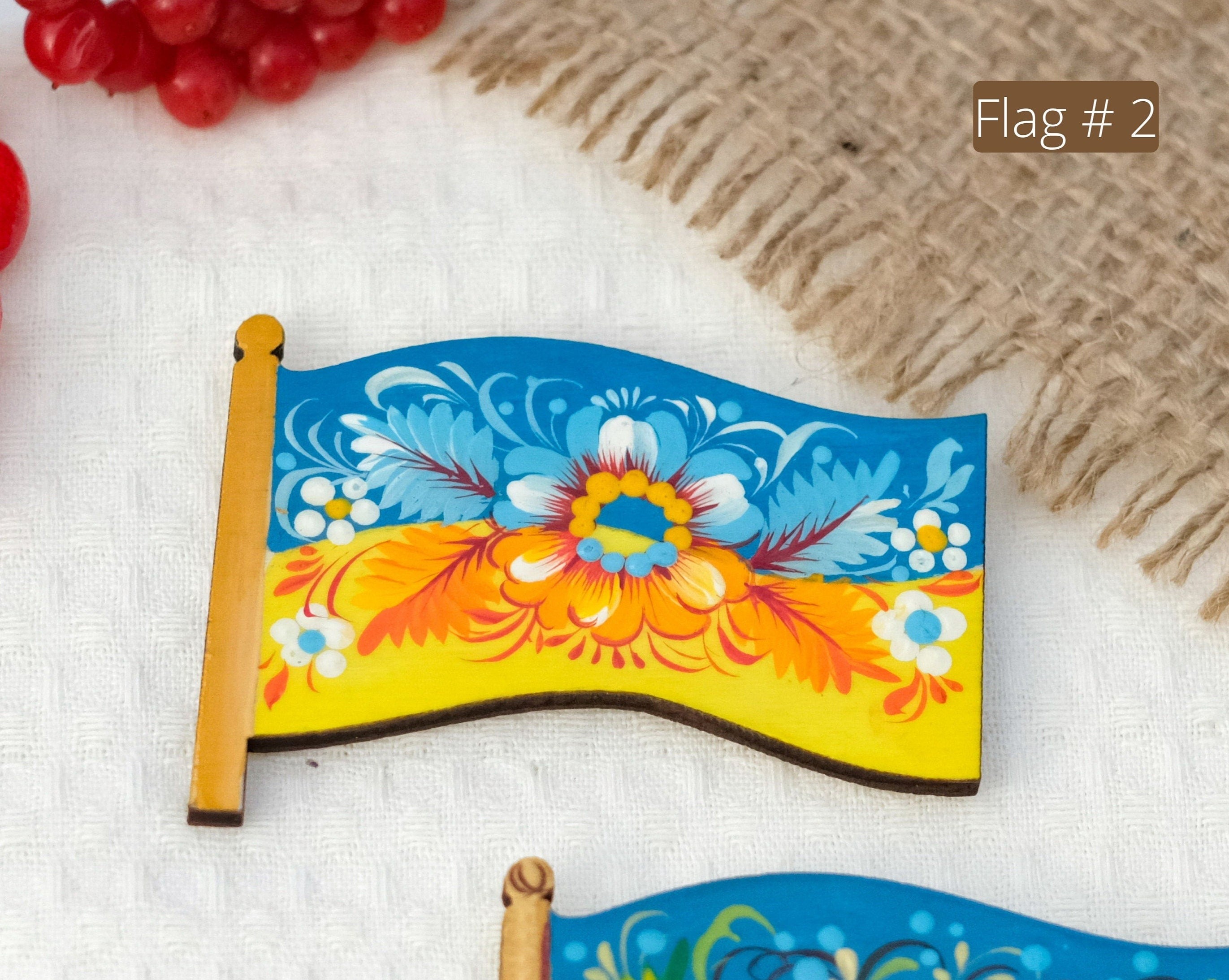 Ukraine magnet painted in Ukraine flag colors - Wooden yellow and blue flower fringe magnet, Ukraine folk art Petrykivka magnet