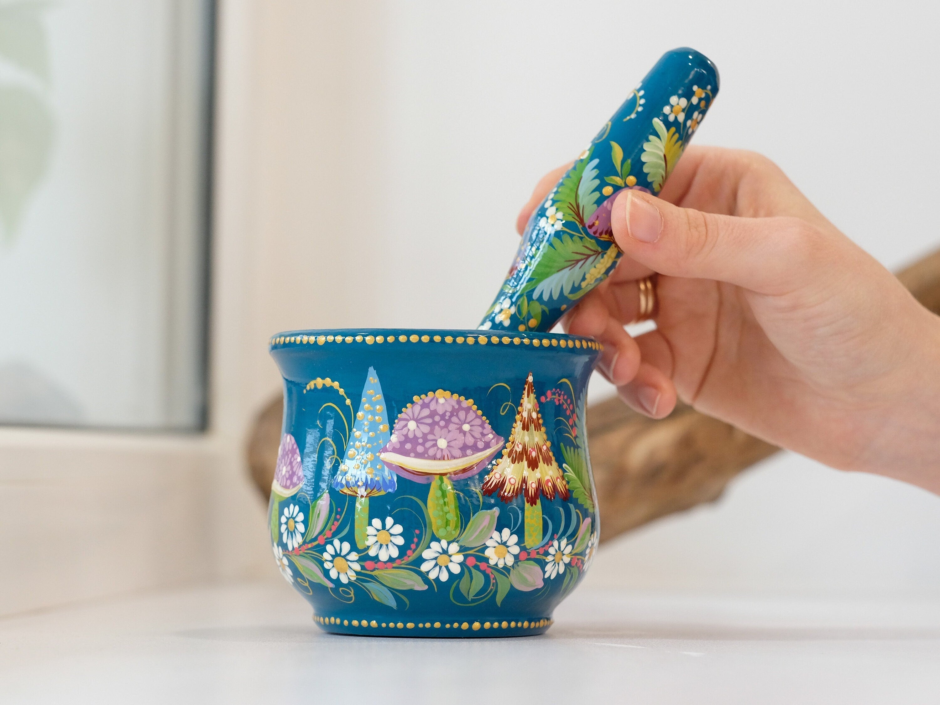 Wooden Mushroom Mortar and Pestle Set - Hand-Painted Artisanal Turquoise Grinding Bowl Crush Bowl