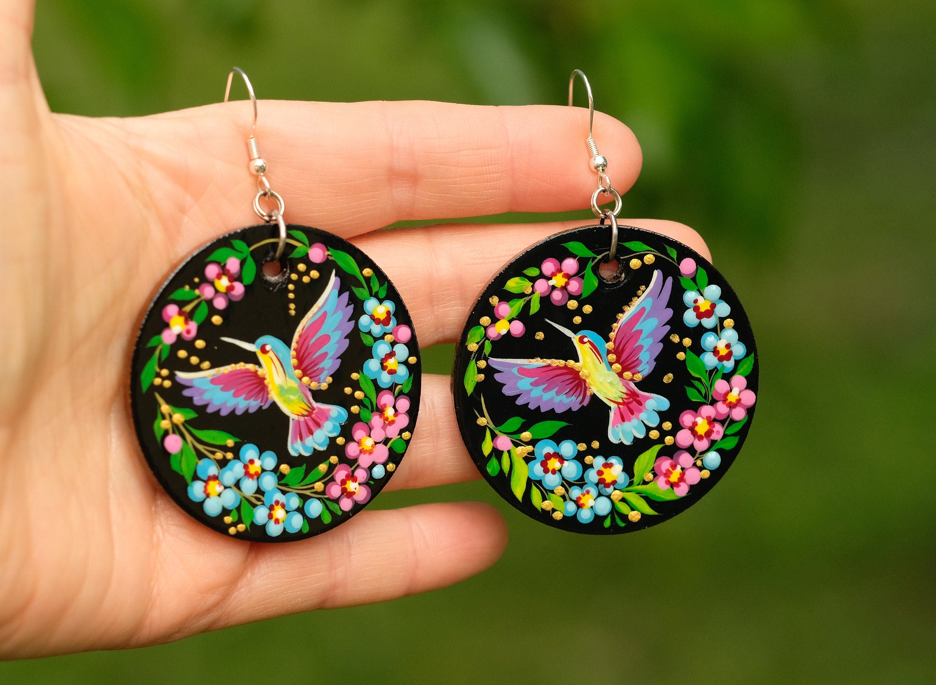 Painted Hypoallergenic Wooden Dangle Drop Hummingbird Earrings - Artisanal Large Circle Statement Earrings