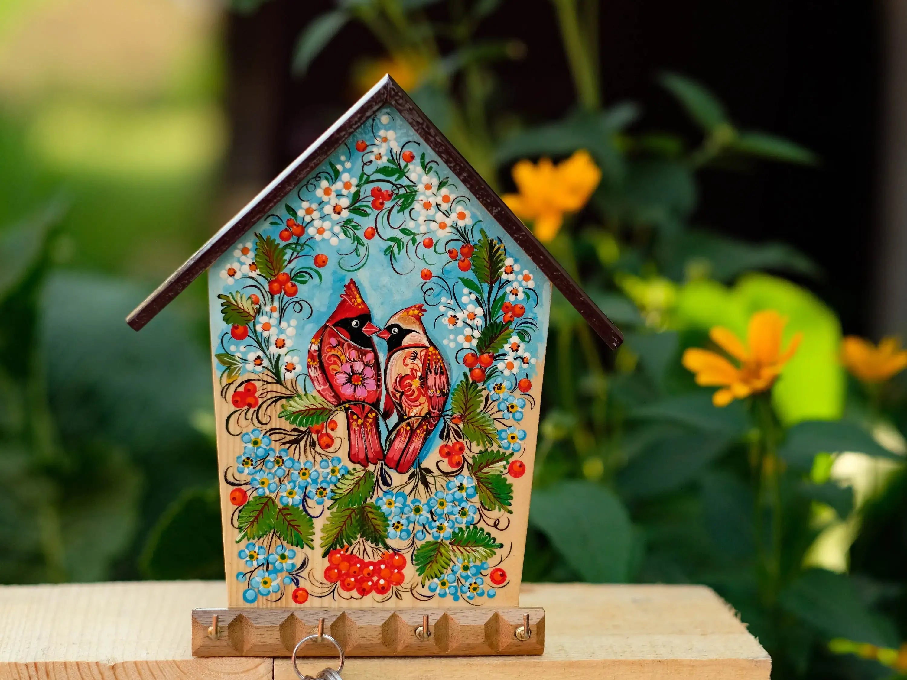 Wooden Painted Personalized Key Holder for Wall with Cardinal Couple - House-shaped Atrisanal Key Hanger for Wall, Petrykivka Art