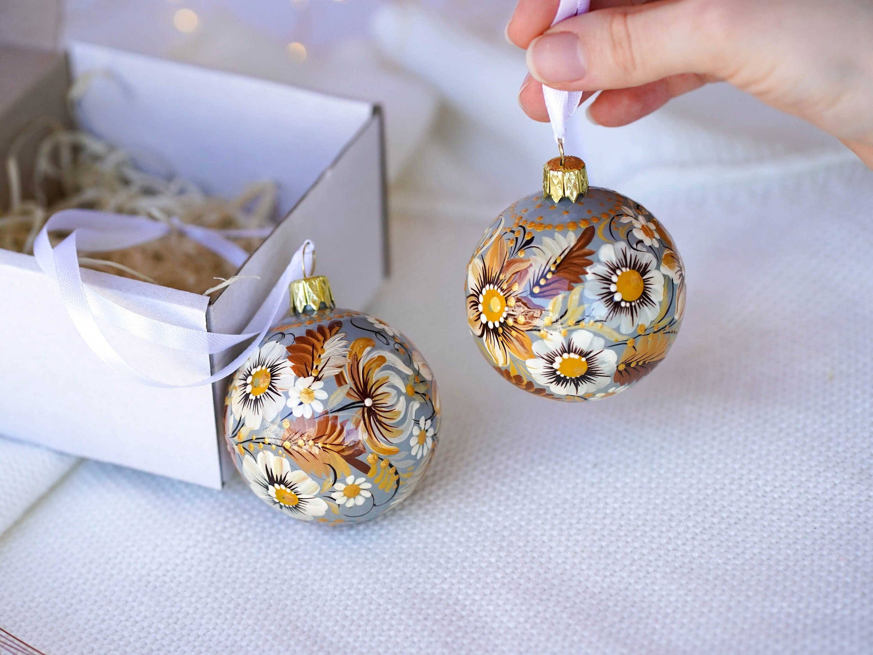 Set of 2Hhand-painted Christmas ornaments, Gift-wrapped