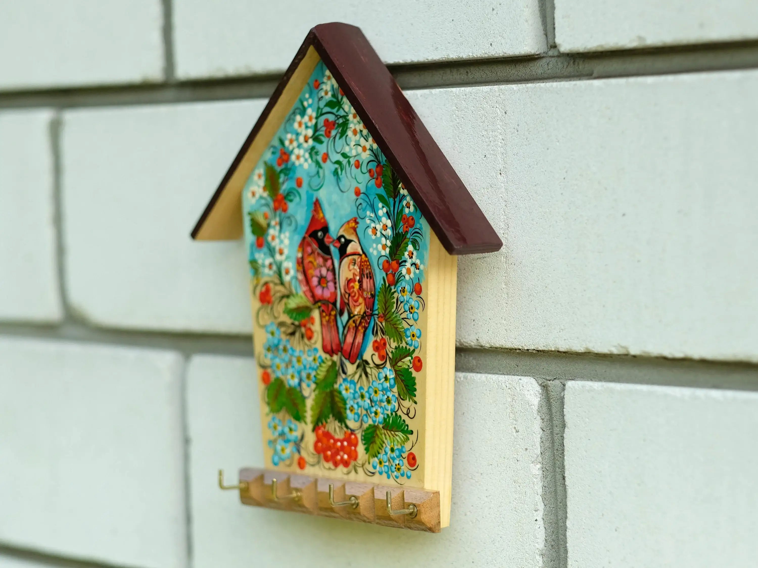 Wooden Painted Personalized Key Holder for Wall with Cardinal Couple - House-shaped Atrisanal Key Hanger for Wall, Petrykivka Art