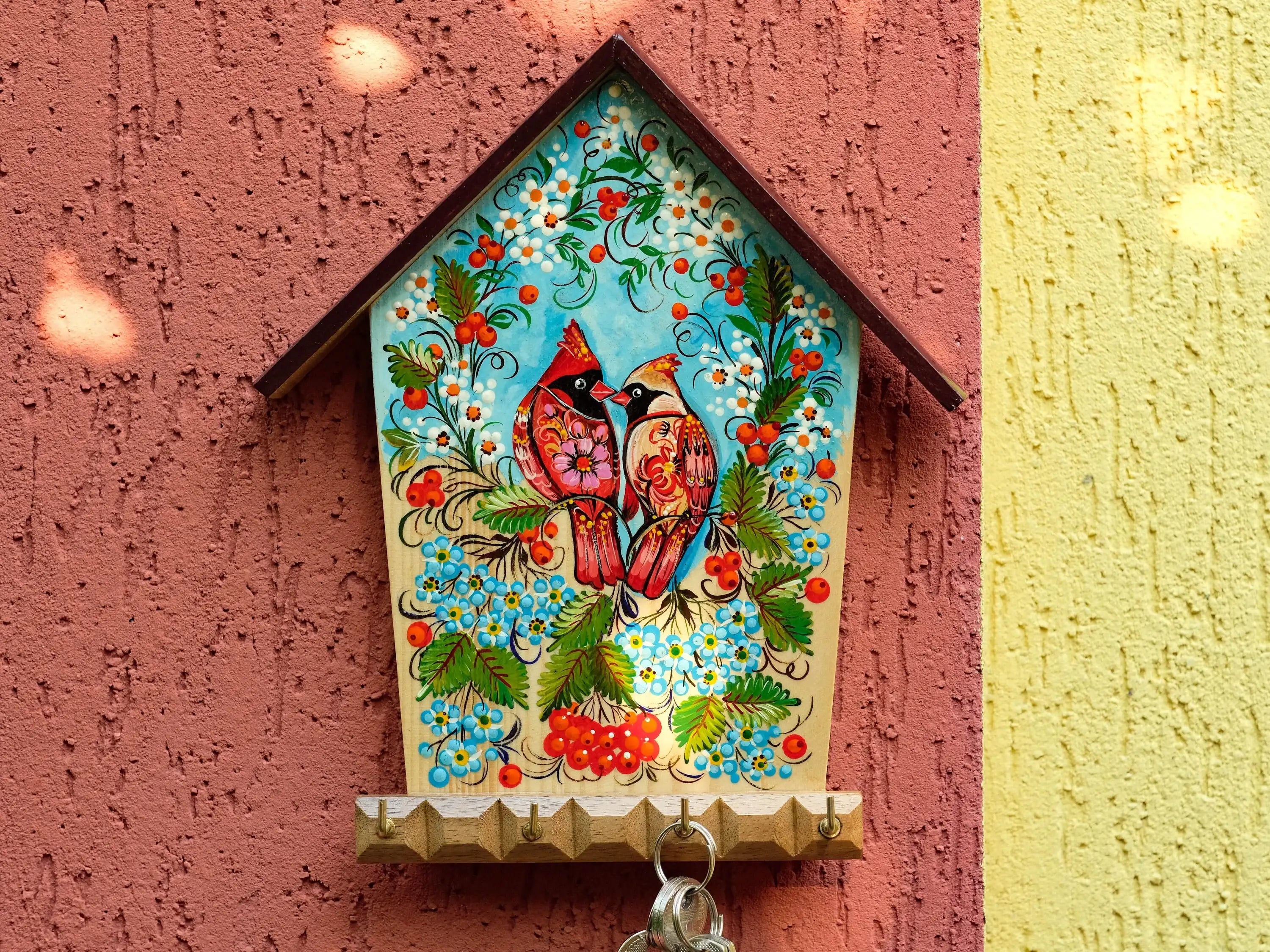 Wooden Painted Personalized Key Holder for Wall with Cardinal Couple - House-shaped Atrisanal Key Hanger for Wall, Petrykivka Art