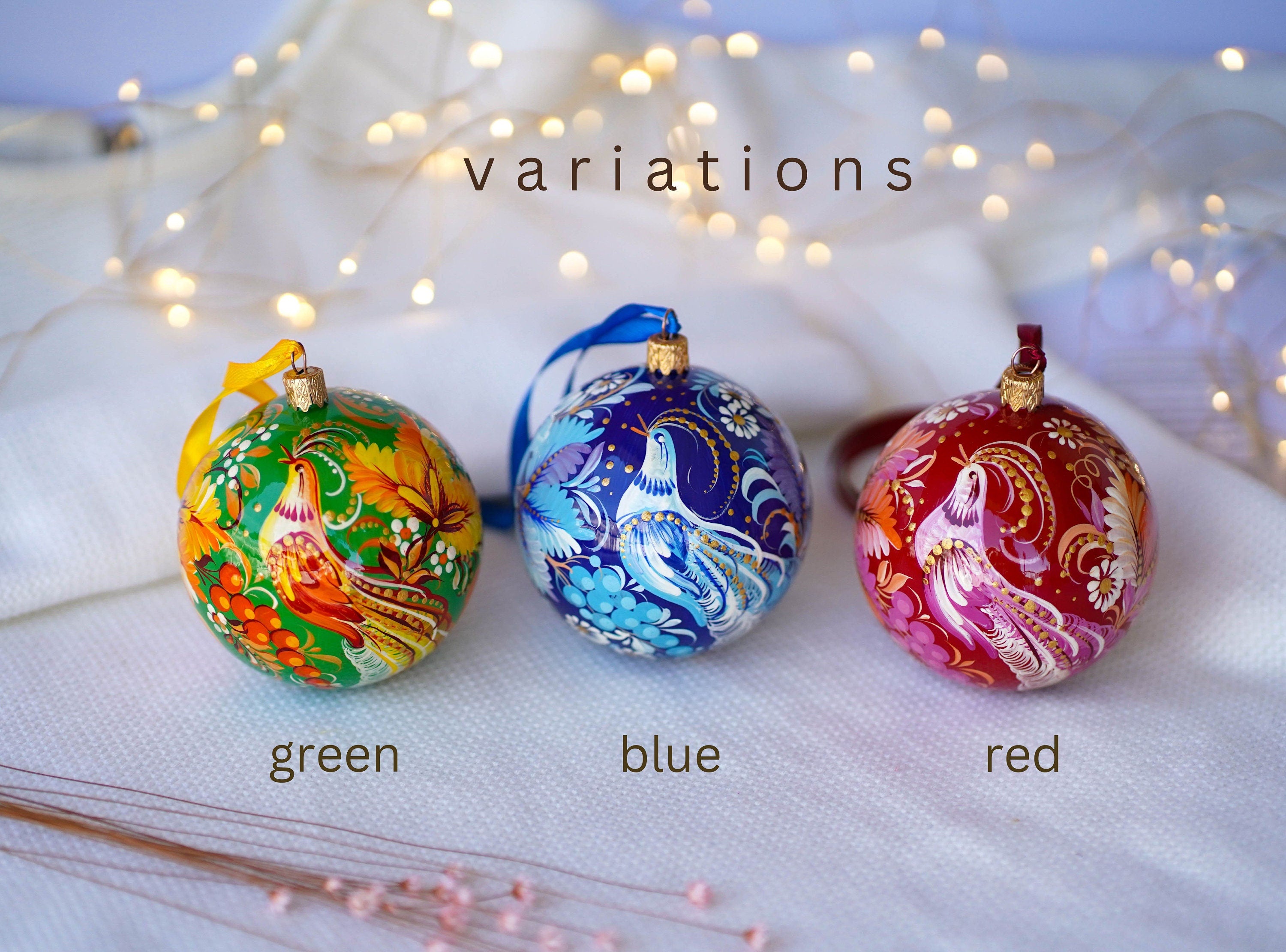 Hand-painted Blue Fairy Bird Christmas Ornament Ball 3.14 in, Handmade Artisanal Christmas Tree Decoration, Petrykivka Art