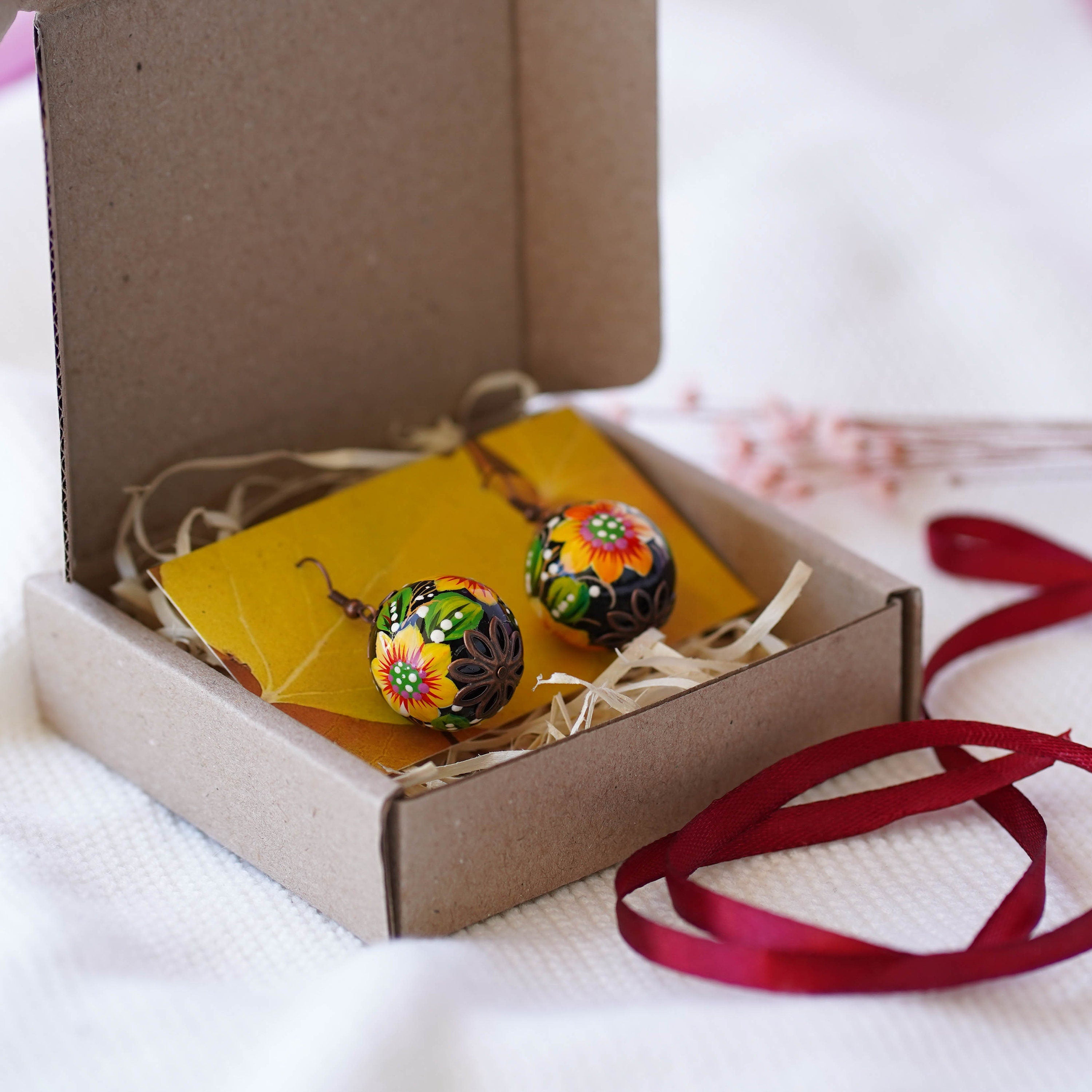 Lightweight Hand-painted Sunflower Earrings - Wooden Dangle Earrings