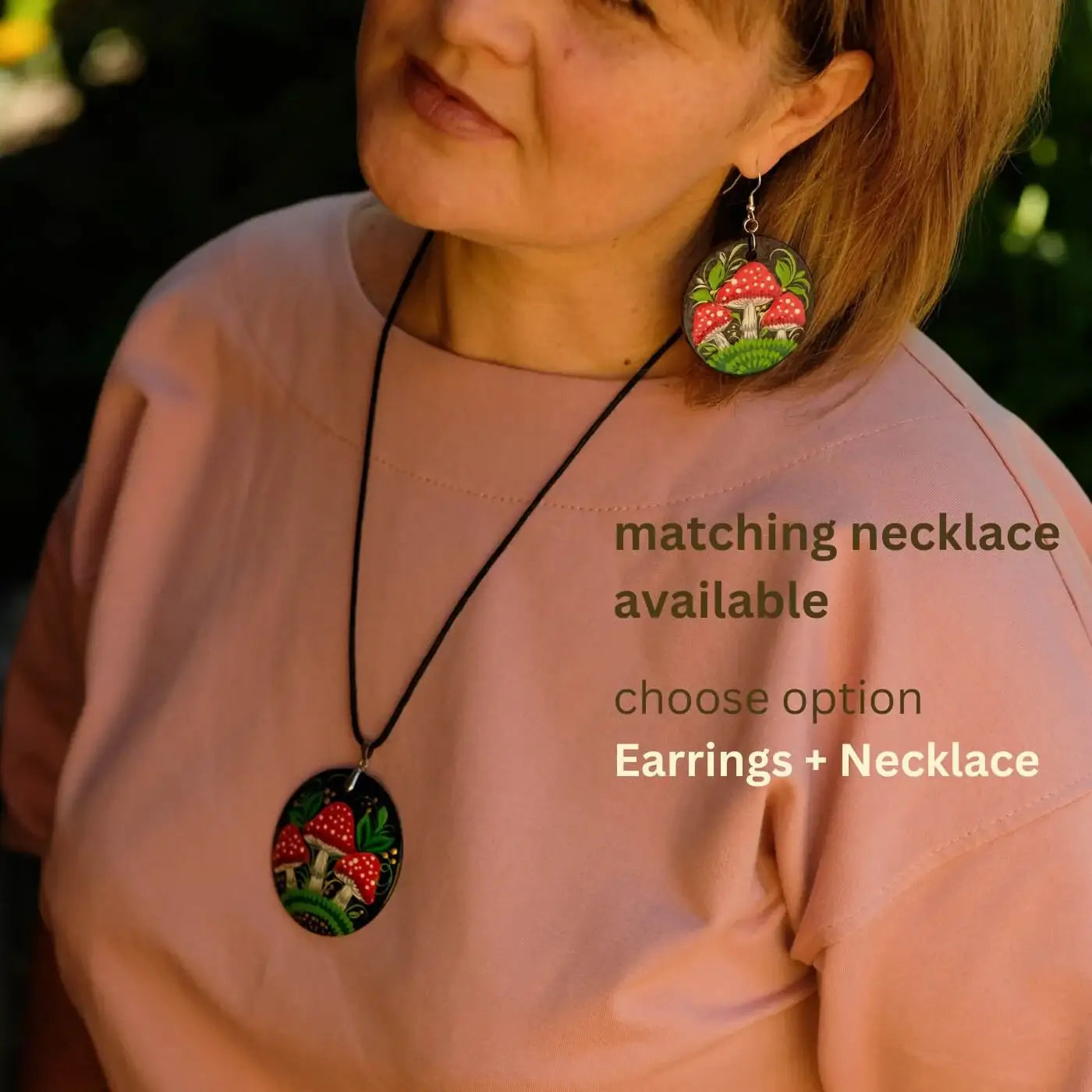 Painted Hypoallergenic Wooden Dangle Drop Mushroom Earrings - Artisanal Large Circle Statement Earrings