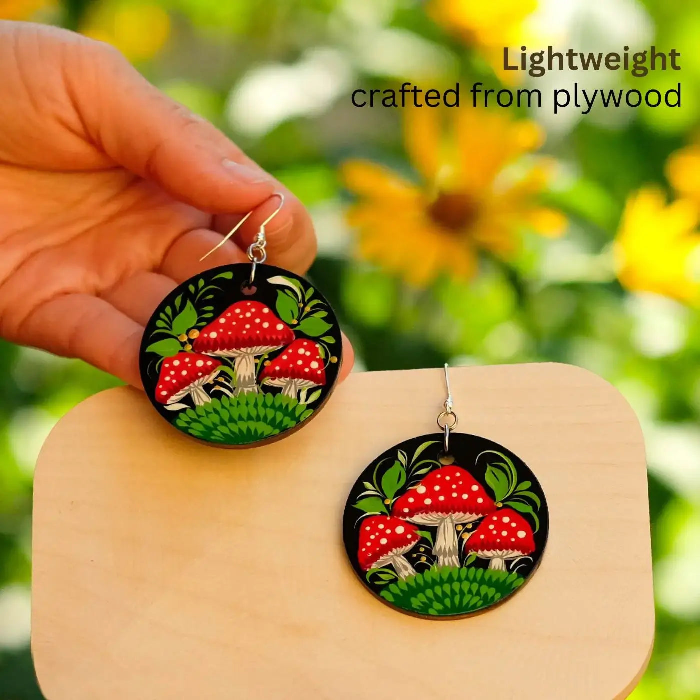 Painted Hypoallergenic Wooden Dangle Drop Mushroom Earrings - Artisanal Large Circle Statement Earrings