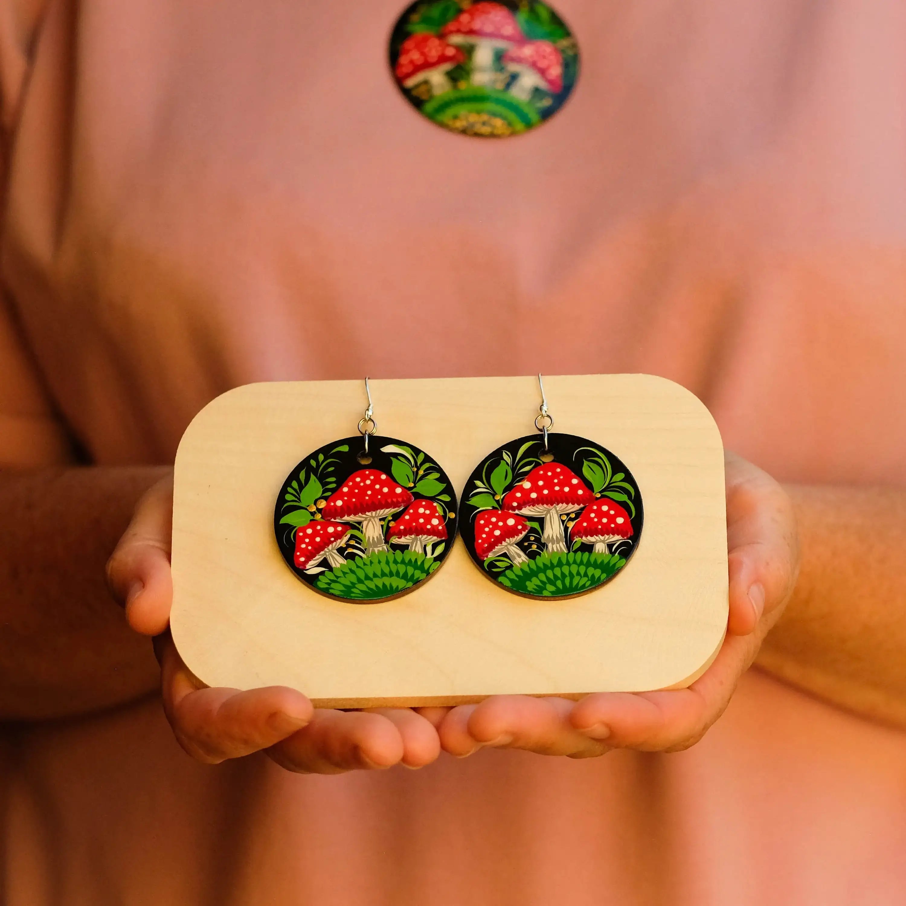 Painted Hypoallergenic Wooden Dangle Drop Mushroom Earrings - Artisanal Large Circle Statement Earrings