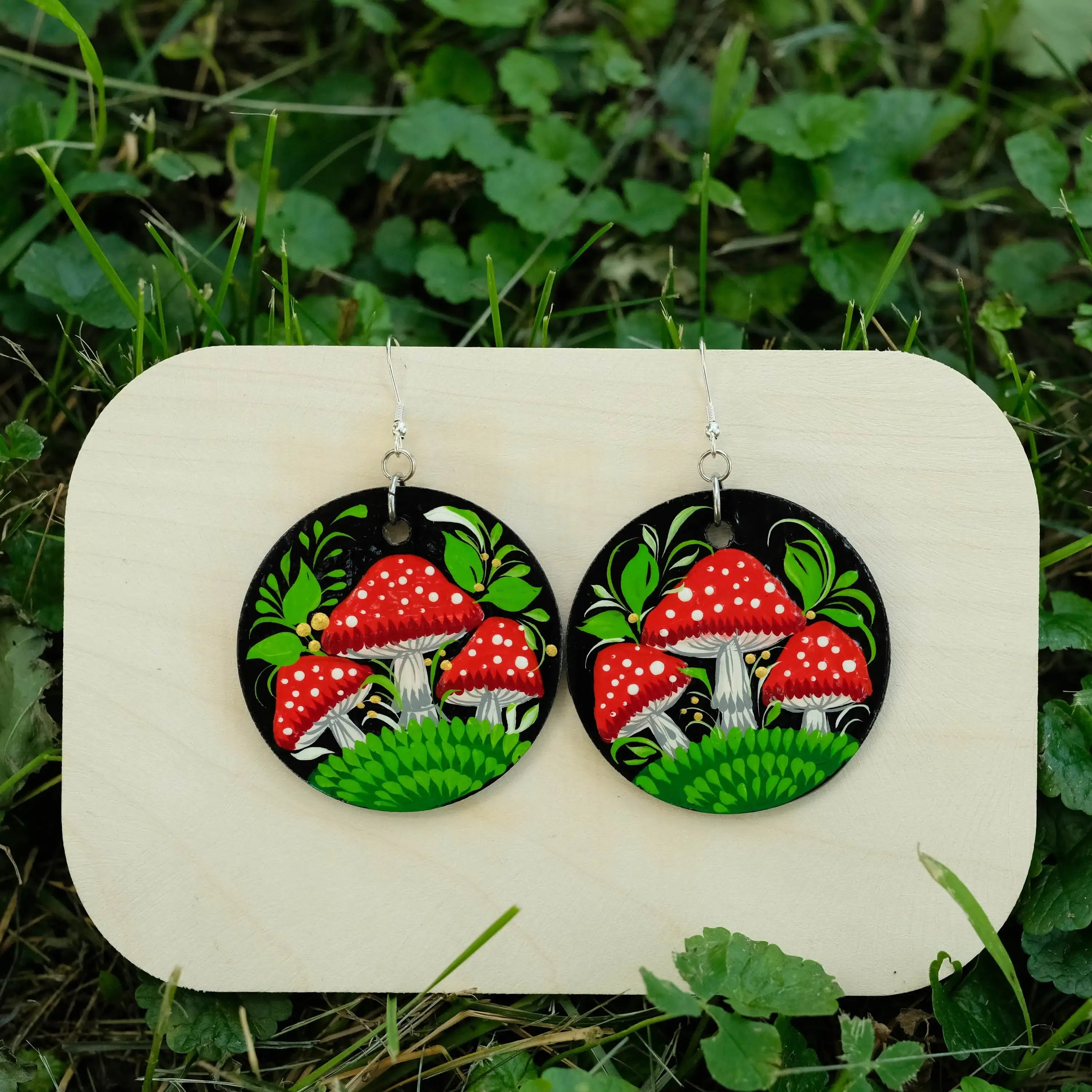 Painted Hypoallergenic Wooden Dangle Drop Mushroom Earrings - Artisanal Large Circle Statement Earrings