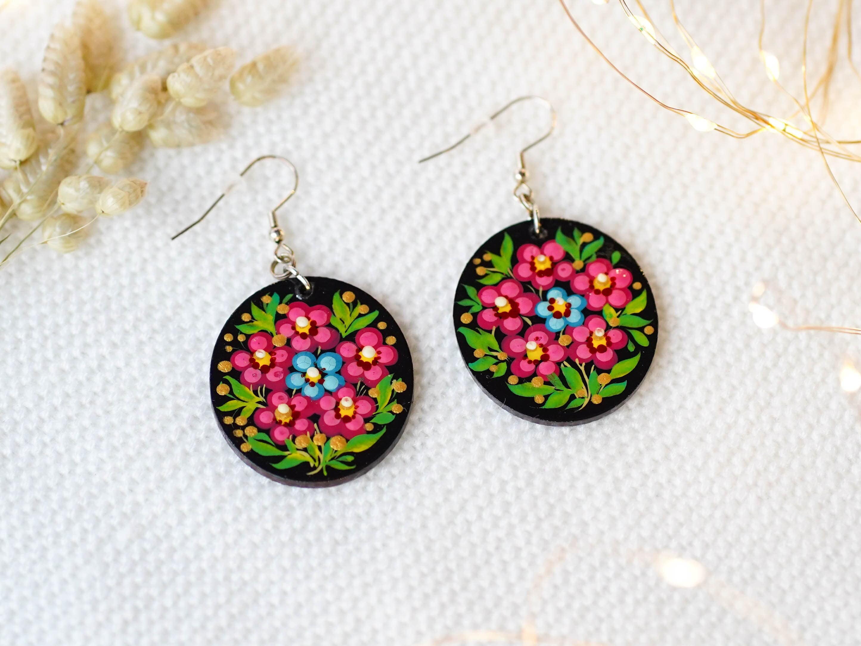 Hypoallergenic Painted Cherry Blossom Wooden Dangle Earrings - Cherry Blossom Oval Statement Earrings