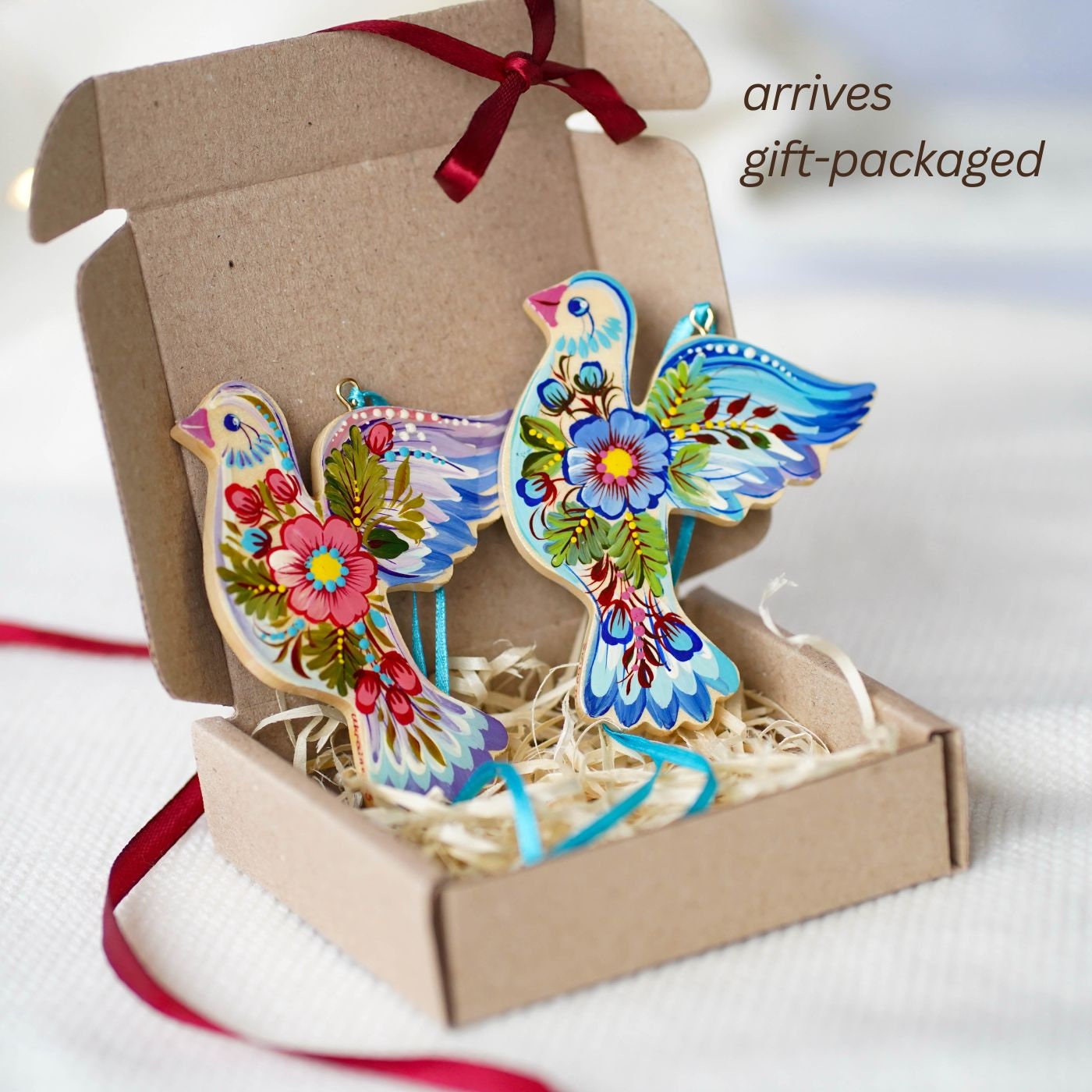Set of 2 Painted Wooden Blue Dove Ornaments, Petrykivka Art