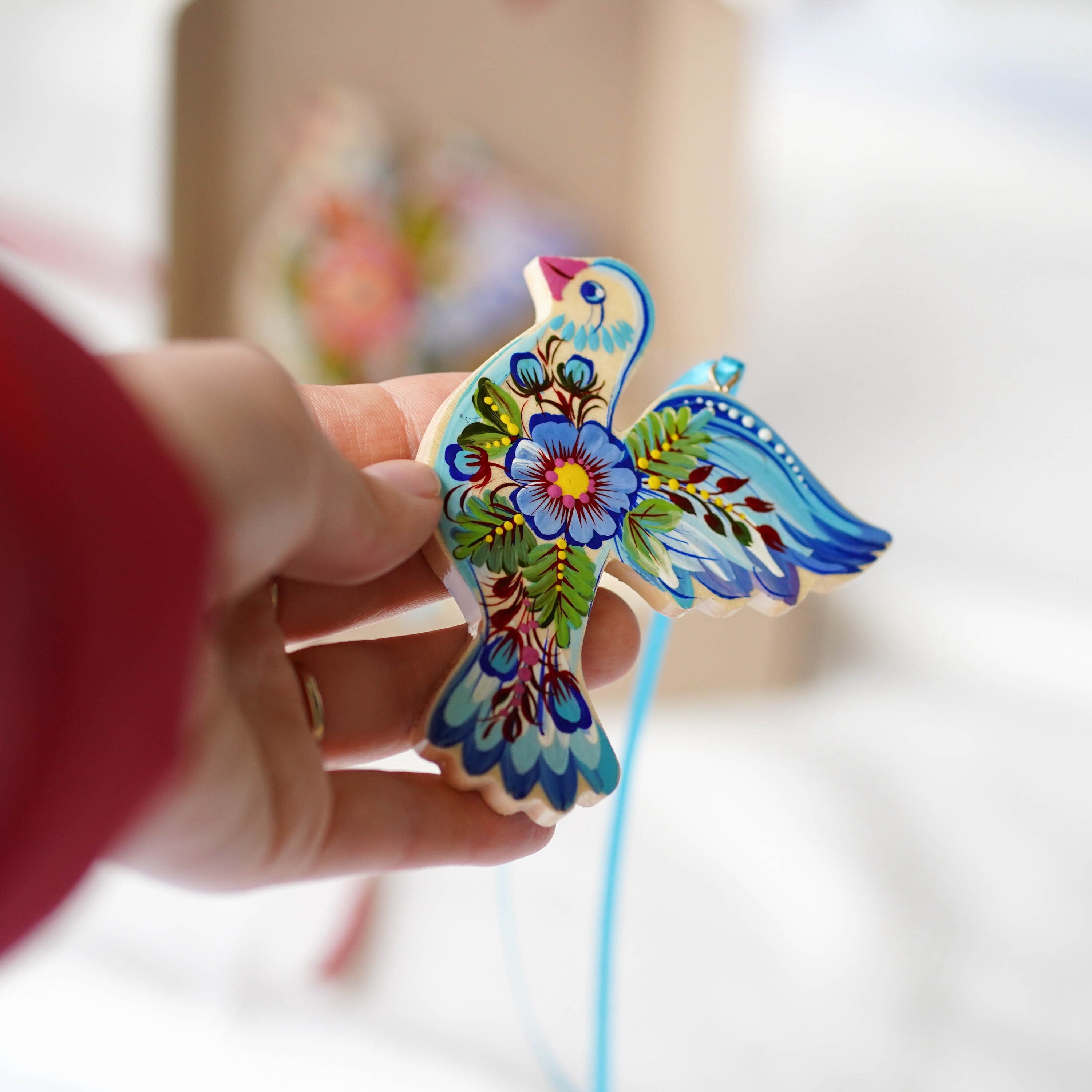 Set of 2 Painted Wooden Blue Dove Ornaments, Petrykivka Art