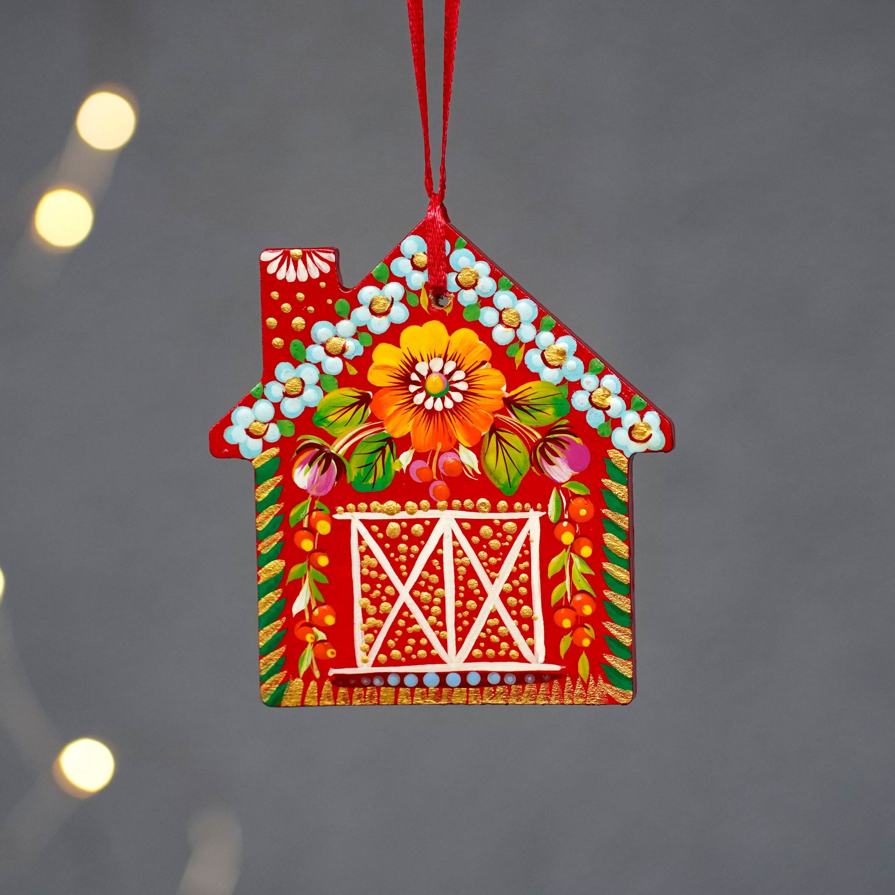 Personalized Painted Wooden Red Barn Christmas Ornament - Gingerbread House Ornament, Handmade Petrykivka Art