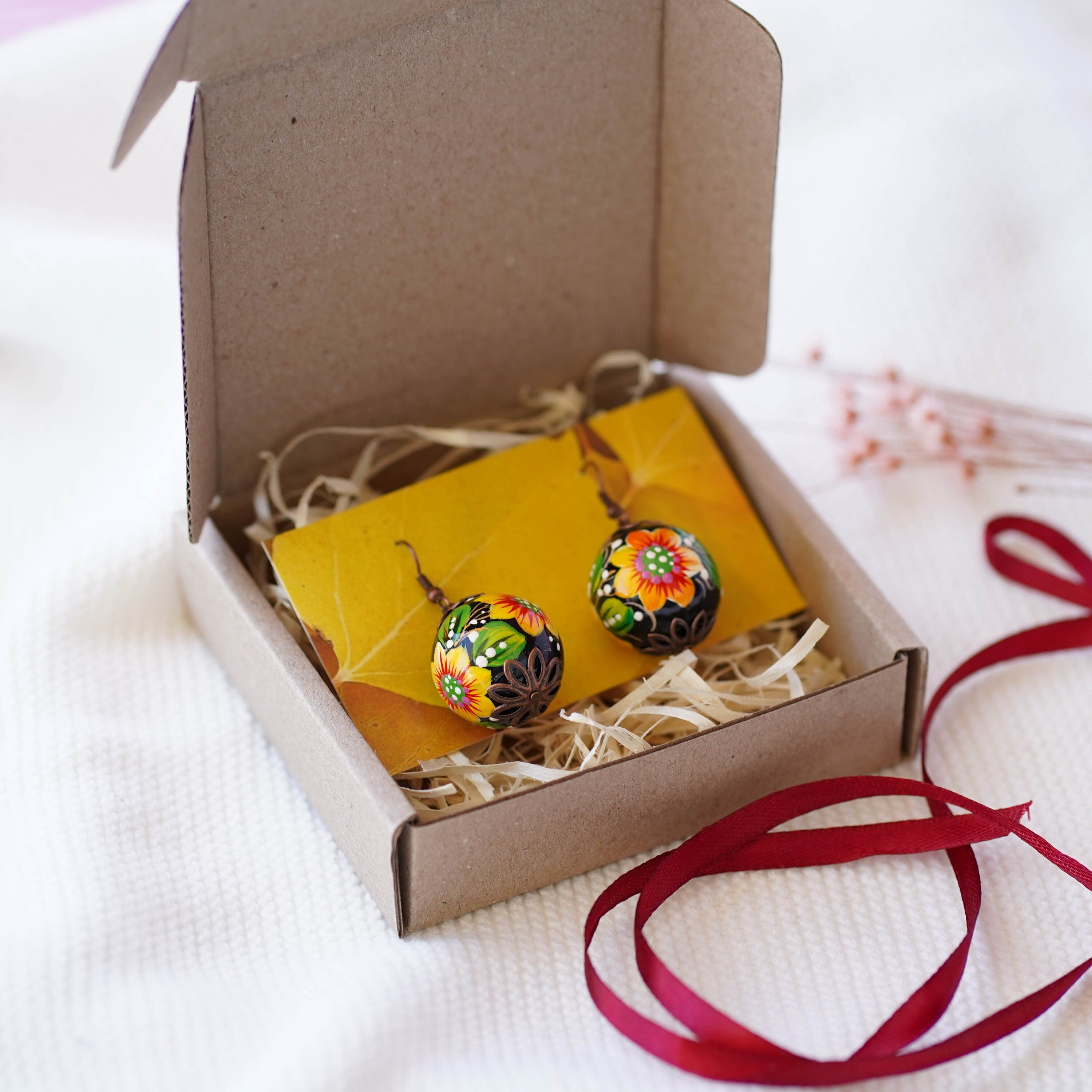 Lightweight Hand-painted Sunflower Earrings - Wooden Dangle Earrings